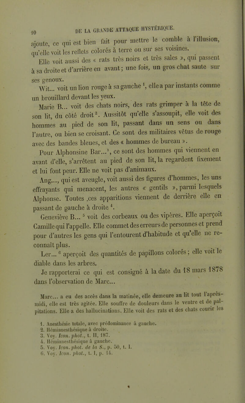 ajoute, ce qui est bien fait pour mettre le comble à l'illusion, qu'elle voit les reflets colorés à terre ou sur ses voisines. Elle voit aussi des « rats très noirs et très sales », qui passent à sa droite et d'arrière en avant ; une fois, un gros chat saute sur ses genoux Wit... voit un lion rouge à sa gauche *, elle a par instants comme un brouillard devant les yeux. Marie B... voit des chats noirs, des rats grimper à la tête de son lit, du côté droit2. Aussitôt qu'elle s'assoupit, elle voit des hommes au pied de son lit, passant dans un sens ou dans l'autre, ou bien se croisant. Ce sont des militaires vêtus de rouge avec des bandes bleues, et des « hommes de bureau ». Pour Alphonsine Bar...3, ce sont des hommes qui viennent en avant d'elle, s'arrêtent au pied de son lit, la regardent fixement et lui font peur. Elle ne voit pas d'animaux. Ang..., qui est aveugle, voit aussi des figures d'hommes, les uns effrayants qui menacent, les autres « gentils », parmi lesquels Alphonse. Toutes .ces apparitions viennent de derrière elle en passant de gauche à droite 4. Geneviève B...5 voit des corbeaux ou des vipères. Elle aperçoit Camille qui l'appelle. Elle commet des erreurs de personnes et prend pour d'autres les gens qui l'entourent d'habitude et qu'elle ne re- connaît plus. Ler...0 aperçoit des quantités de papillons colorés ; elle voit le diable dans les arbres. Je rapporterai ce qui est consigné à la date du 18 mars 1878 dans l'observation de Marc... Marc... a eu des accès dans la matinée, elle demeure au ht tout 1 après- midi, elle est très agitée. Elle souffre de douleurs dans le ventre et de pal- pitations. Elle a des hallucinations. Elle voit des rats et des chats courir les 1. Anesthésic totale, avec prédominance a gauche* 2. Ilémianesthésique à droite. 3. Voy. Icon.phot., t. Il, 187. A. Hémiancsthésiquc à gauche. 5. Voy. Icon.phot. de la S., p. 50, t. I. (i. Voy. kon. pliol., t. I, p. 14.