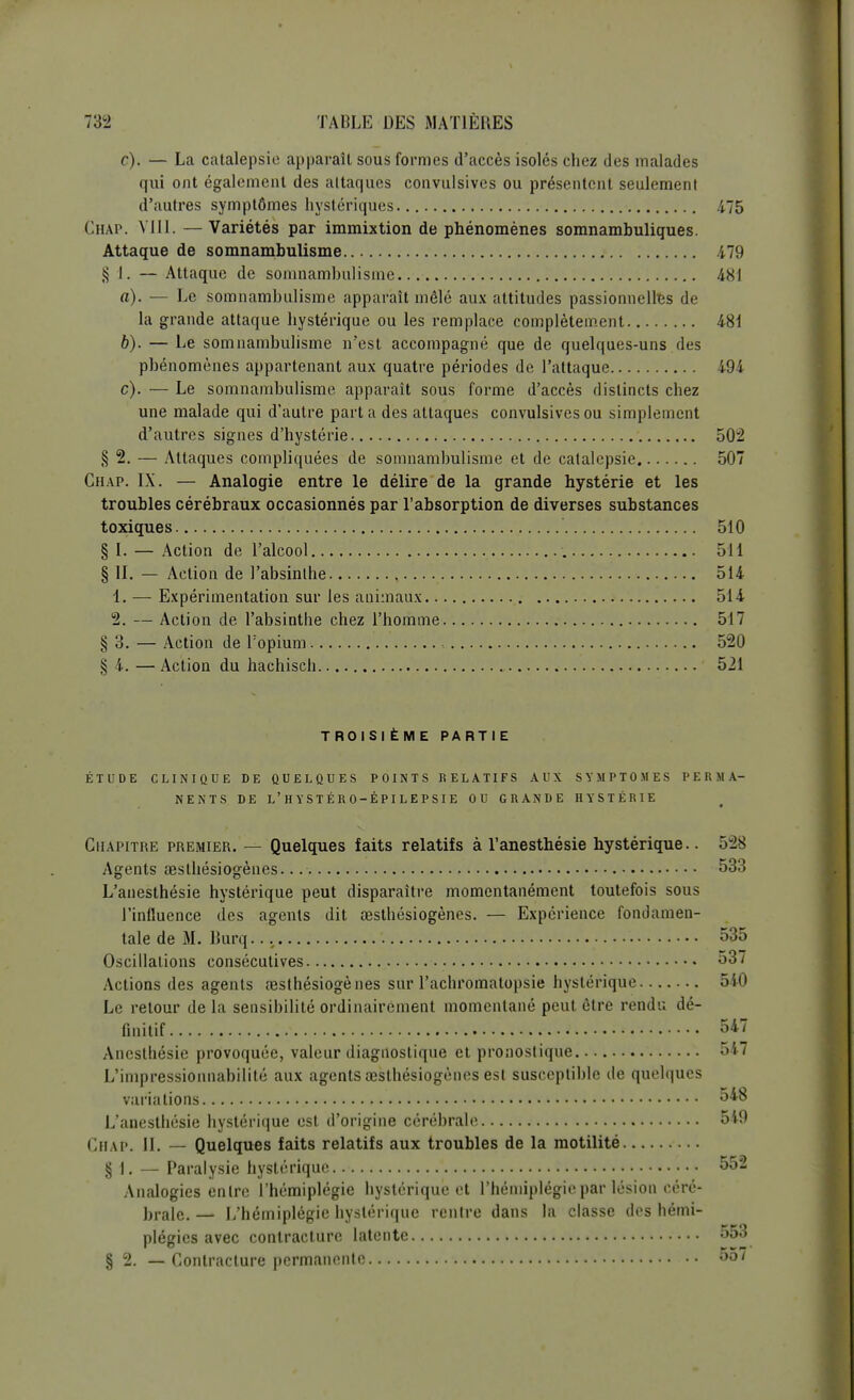 c). — La catalepsie apparaît sous formes d'accès isolés chez des malades qui ont également des attaques convulsives ou présentent seulement d'autres symptômes hystériques 4.75 Chap. VIII. —Variétés par immixtion de phénomènes somnambuliques. Attaque de somnambulisme 479 § I. — Attaque de somnambulisme 4SI a). — Le somnambulisme apparaît mêlé aux attitudes passionnelles de la grande attaque hystérique ou les remplace complètement 481 6). — Le somnambulisme n'est accompagné que de quelques-uns des phénomènes appartenant aux quatre périodes de l'attaque 494 c). — Le somnambulisme apparaît sous forme d'accès distincts chez une malade qui d'autre part a des attaques convulsives ou simplement d'autres signes d'hystérie 502 § 2. — Attaques compliquées de somnambulisme et de catalepsie 507 Chap. IX. — Analogie entre le délire de la grande hystérie et les troubles cérébraux occasionnés par l'absorption de diverses substances toxiques 510 § I. — Action de l'alcool 511 § IL — Action de l'absinthe 514 1. — Expérimentation sur les animaux 514 2. — Action de l'absinthe chez l'homme 517 § 3. — Action de l'opium 520 § 4. —Action du hachisch 521 TROISIÈME PARTIE ÉTUDE CLINIQUE DE QUELQUES POINTS BELATIFS AUX SYMPTOMES PERMA- NENTS DE L'HYSTÉRO-ÉPILEPSIE OU GRANDE HYSTÉRIE Chapitre premier. — Quelques faits relatifs à l'anesthésie hystérique.. 528 Agents œsthésiogènes. 533 L'anesthésie hystérique peut disparaître momentanément toutefois sous l'influence des agents dit œsthésiogènes. — Expérience fondamen- tale de M. Burq. 535 Oscillations consécutives 537 Actions des agents œsthésiogènes sur l'achromatopsie hystérique 540 Le retour de la sensibilité ordinairement momentané peut être rendu dé- finitif 547 Ancsthésie provoquée, valeur diagnostique et pronostique 547 L'impressionnabililé aux agents œsthésiogènes est susceptible de quelques variations 548 L'anesthésie hystérique est d'origine cérébrale 549 Chap. II. — Quelques faits relatifs aux troubles de la motilité § I. — Paralysie hystérique 552 Analogies entre l'hémiplégie hystérique et l'hémiplégie par lésion céré- brale. — L'hémiplégie hystérique rentre dans la classe des hémi- plégies avec contracture latente 553 § 2. — Contracture permanente 55/