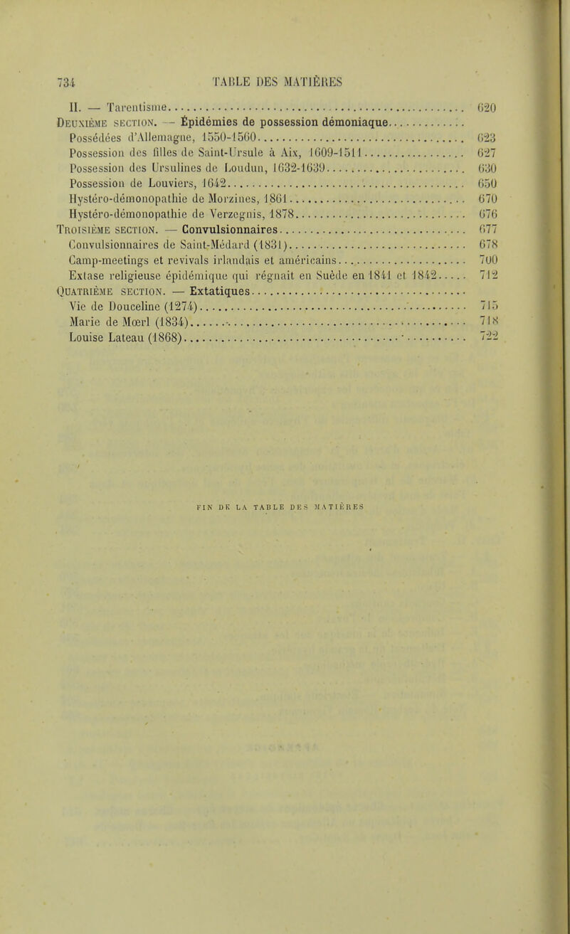 II. — Tarentisma Deuxième section. — Épidémies de possession démoniaque Possédées d'Allemagne, 1550-1560 Possession des filles de Saint-Ursule à Aix, 1609-1511 Possession des Ursulines de Loudun, 1632-1639 Possession de Louviers, 1642 Hystéro-démonopathie de Morzines, 1861 Hystéro-démonopathie de Verzcgnis, 1878 Troisième section. — Convulsionnaires Convulsionnaires de SaiiU-Médard (1831) Camp-meetings et revivais irlandais et américains Extase religieuse épidémique qui régnait en Suède en 1841 et 1842 Quatrième section. — Extatiques Vie de Douceline (1274) Marie de Mœrl (1834) • Louise Lateau (1868) • FIN DK L A TABLE DES MATIÈRES