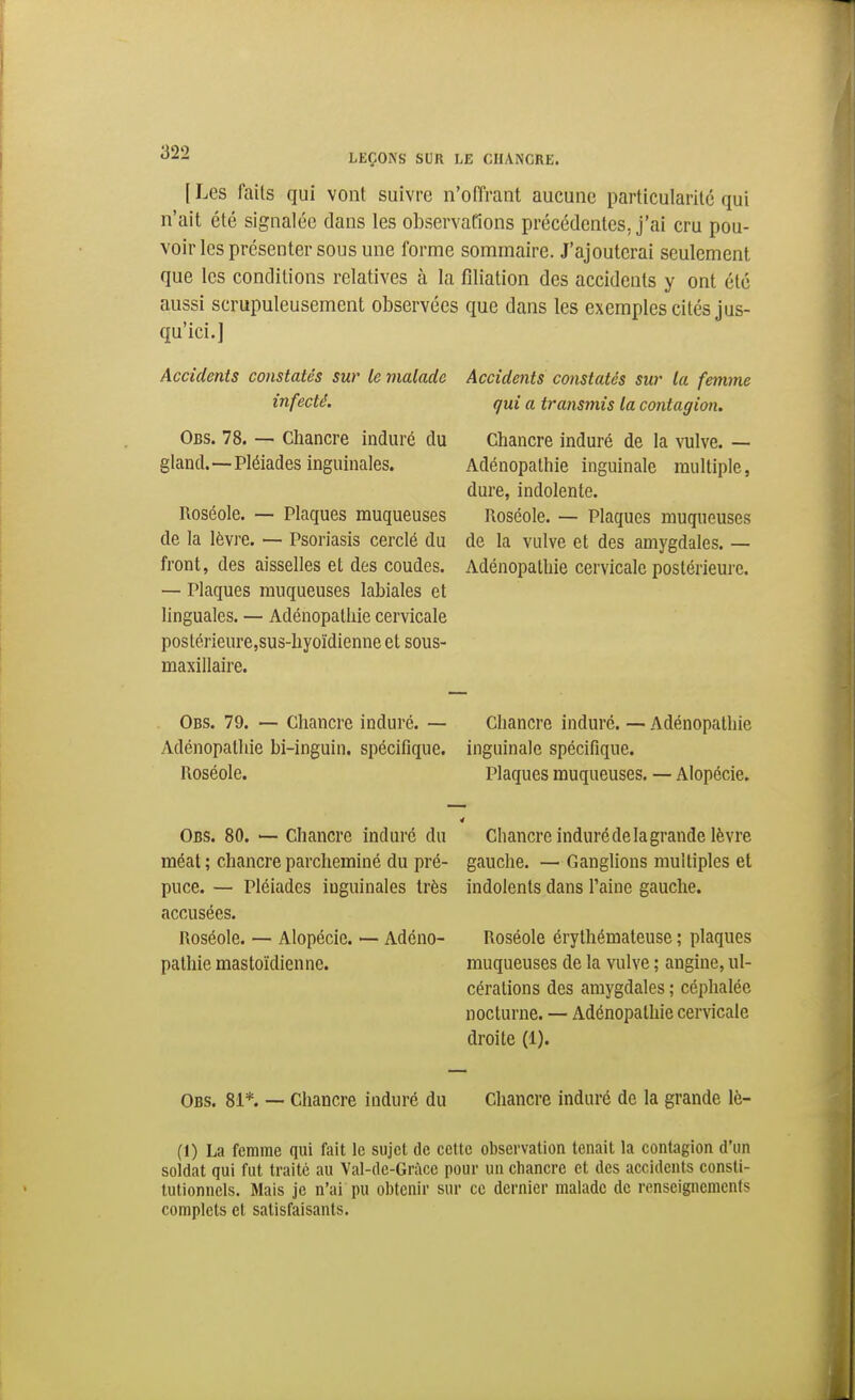 [ Les faits qui vont suivre n'otTrant aucune particularité qui n'ait été signalée dans les observations précédentes, j'ai cru pou- voir les présenter sous une forme sommaire. J'ajouterai seulement que les conditions relatives à la filiation des accidents y ont été aussi scrupuleusement observées que dans les exemples cités jus- qu'ici.] Accidents constatés sur le malade infecté. Obs. 78. — Chancre induré du gland.—Pléiades inguinales. Roséole. — Plaques muqueuses de la lèvre. — Psoriasis cerclé du front, des aisselles et des coudes. — Plaques muqueuses labiales et linguales. — Adénopalhie cervicale postérieure,sus-Iiyoïdienne et sous- maxillaire. Accidents constatés sur la femme qui a transmis la contagion. Chancre induré de la vulve. — Adénopathie inguinale multiple, dure, indolente. Roséole. — Plaques muqueuses de la vulve et des amygdales. — Adénopalhie cervicale postérieure. . Obs. 79. — Chancre induré. — Adénopalhie bi-inguin. spécifique. Roséole. Chancre induré. — Adénopalhie inguinale spécifique. Plaques muqueuses. — Alopécie. Obs. 80. — Chancre induré du méat ; chancre parcheminé du pré- puce. — Pléiades inguinales très accusées. Roséole. — Alopécie. — Adéno- palhie mastoïdienne. Chancre indurédelagrande lèvre gauche. — Ganglions multiples et indolents dans l'aine gauche. Roséole érythémateuse ; plaques muqueuses de la vulve ; angine, ul- cérations des amygdales ; céphalée nocturne. — Adénopathie cervicale droite (1). Obs. 81*. — Chancre induré du Chancre induré de la grande lè- (1) La femme qui fait le sujet de cette observation tenait la contagion d'un soldat qui fut traite au Val-de-Grâce pour un chancre et des accidents consti- tutionnels. Mais je n'ai pu obtenir sur ce dernier malade de renseignements complets et satisfaisants.