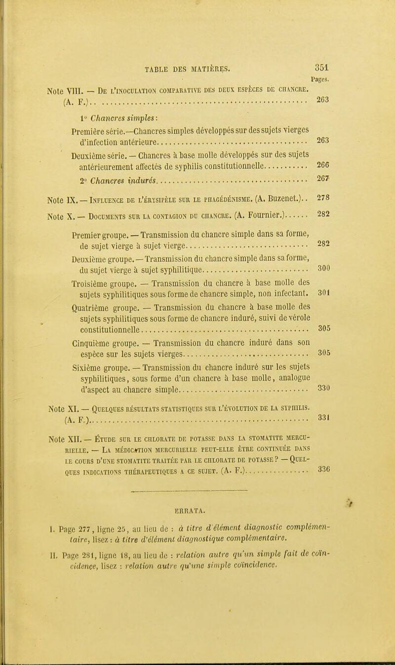 Vagcs. Note VIII. — De l'inoculation comparative des deux espèces de cnANCUE. (A. F.) 263 1 Chancres simples : Première série.—Chancres simples développés sur des sujets vierges d'infection antérieure 263 Deuxième série. — Chancres k base molle développés sur des sujets antérieurement affectés de syphilis constitutionnelle 266 2° Chancres indurés 267 Note IX. — Influence de l'érysipèle sun le phagédénisme. (A. Buzenet.).. 278 Note X. — Documents sur la contagion du chancre. (A. Fournier.) 282 Premier groupe. — Transmission du chancre simple dans sa forme, de sujet vierge à sujet vierge 282 Deuxième groupe. — Transmission du chancre simple dans sa forme, du sujet vierge à sujet syphilitique 300 Troisième groupe. — Transmission du chancre à base molle des sujets syphilitiques sous forme de chancre simple, non infectant. 301 Quatrième groupe. — Transmission du chancre à base molle des sujets syphilitiques sous forme de chancre induré, suivi de vérole constitutionnelle • • • 305 Cinquième groupe. — Transmission du chancre induré dans son espèce sur les sujets vierges 305 Sixième groupe. — Transmission du chancre induré sur les sujets syphilitiques, sous forme d'un chancre à base molle, analogue d'aspect au chancre simple • 330 Note XI. — Quelques résultats statistiques sur l'évolution de la syphilis, (A. F.) 331 Note XII. — Étude sur le chlorate de potasse dans la stomatite mercu- RiELLE. — La médication mercurielle peut-elle être continuée dans LE cours d'une stomatite TRAITÉE PAR LE CHLORATE DE POTASSE ? — QUEL- QUES indications THÉRAPEUTIQUES A CE SUJET. (A. F.) 336 ERRATA. 1. Page 277, ligne 25, au lieu de : à litre d'élément diagnostic complémen- taire, lisez : à litre d'élément diagnostique complûmentaire. H. Page 281, ligne 18, au lieu de : relation autre qu'un simple fait de cdin- cidence, lisez : relation autre qu'une simple coïncidence.