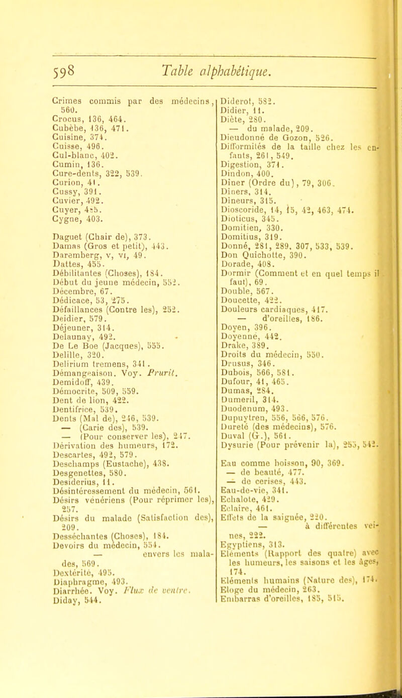 Crimes commis par des médecins, 560. Crocus, 136, 464. Cubèbe, 136, 471. Cuisine, 374. Cuisse, 496. Cul-blaûc, 402. Cumin, 136. Cure-dents, 322, 539. Gurion, 41. Cussy, 391. Cuvier,-'192. Cuyer, 4;b. Cygne, 403. Daguet (Gliair de), 373. Damas (Gros et petit), 443. Daremberg, v, vi, 49. Dattes, 45b. Débilitantes (Choses), 1S4. Début du jeune médecin, 55i. Décembre, 67. Dédicace, 53, 'i75. Défaillances (Contre les), 252. Deidier, 579. Déjeuner, 314. Delaunay, 492. De Le Boe (Jacques), 555. DeliUe, 320. Delirium tremens, 3il. Démangeaison. Voy. Pvurit. Demidoir, 439. Démocritn, 509, 559. Dent de lion, 422. Dentifrice, 539, Dents (Mal de), 2i6, 539. — (Carie des), 539. — (Pour couserver les), 217. Dérivation des humeurs, 172, Descartes, 492, 579. Deschamps (Eustache), 438. Desgcnettes, 580. Desidcrius, il. Désintéressement du médecin, 561. Désirs vénériens (Pour réprimer les), 257. Désirs du malade (Satisfaction des), 209. Desséchantes ^Choses), 184. Devoirs du médecin, 554. — envers les mala- des, 569. Dextérité, 495. Diaphragme, 493. Diarrhée. Voy. l-'lux dv venire. Diday, 544. Diderot, 532. Didier, 11. Diète, 280. — du malade, 209. Dieudonné de Gozon, 520. Difformités de la taille chez les en- fants, 251, 5-19. Digestion, 371. Dindon, 400. Dîner (Ordre du), 79, 300. Diners, 314. Dineurs, 315. Dioscoride, 14, 15, 42, 463, 474. Dioticus, 345. Domitien, 330. Domitius, 319. Donné, 281, 289, 307, 533, 539. Don Quichotte, 390. Dorade, 4US. Dormir (Comment et eu quel temps ' faut), 69. Double, 567. Doucette, 422. Douleurs cardiaques, 417. — d'oreilles, IS6. Doyen, 396. Doyenne, 442. DraliC, 389. Droits du médecin, 550. Drusus, 346. Dubois, 566, 581. Dufour, 41, 465. Dumas, 284. Dumeril, 314. Duodenum, 493. Dupuytren, 536, 566, 576. Dureté (des médecins), 576. Duval (G-.), 561. Dysurie (Pour prévenir la), 255, 542. Eau comme boisson, 90, 369. — de beauté, 477. — do cerises, 443. Eau-de-vie, 341. Echalote, 429. Eclaire, 461. Ell'ets de la saignée, 220. — à diirércnles vei- nes, 222. Egyptiens, 313. Eléments (Rapport des quaire) avec les humeurs, les saisons et les AgeS) 174. Klémenis humains (Nature des), 174. Eloge du médecin, 203. Embarras d'oreilles, 185, 515.