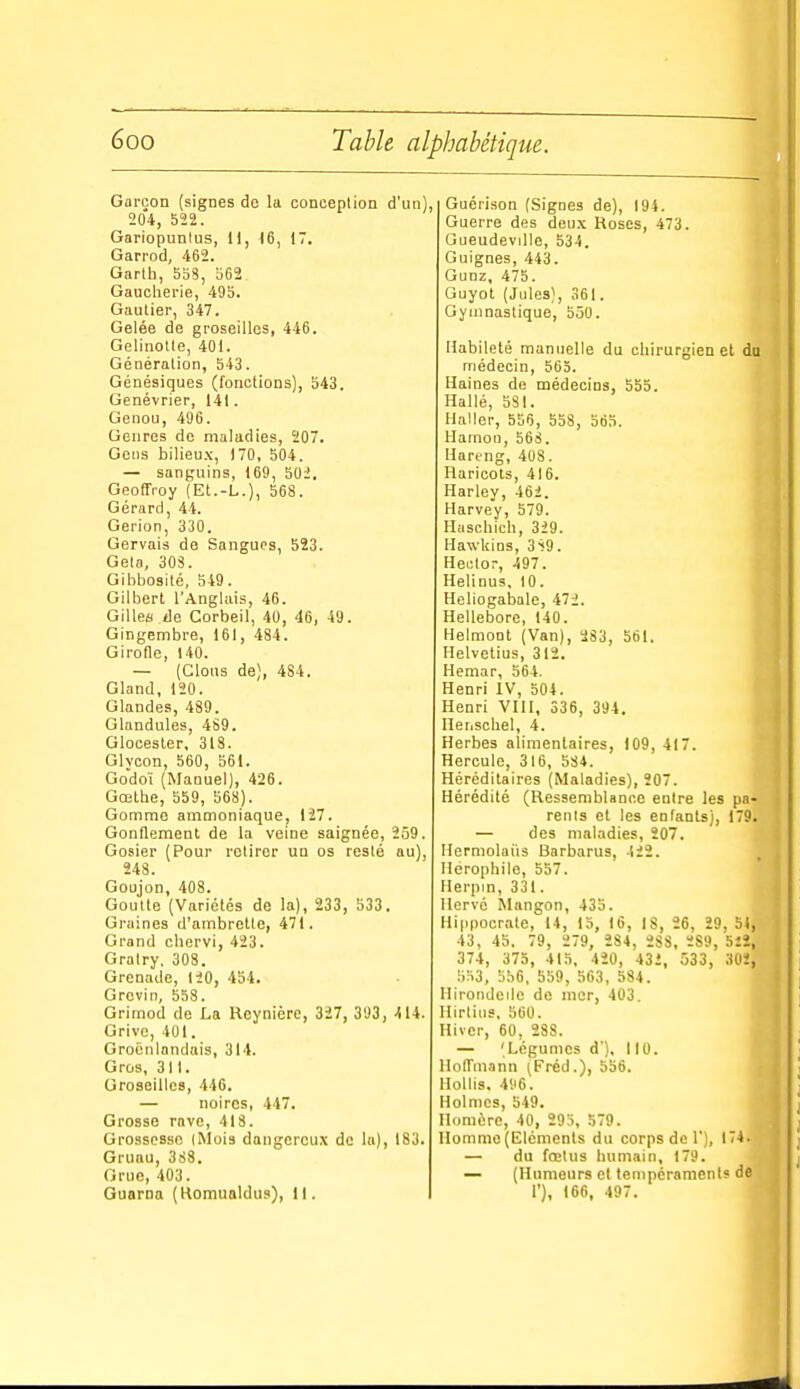 Garçon (signes de la conception d'un), 204, 522. Gariopunlus, 11, 16, 17. Garrod, 462. Garlh, 538, 562 Gauclierie, 495. Gautier, 347. Gelée de groseilles, 446. Gelinotte, 401. Génération, 543. Génésiques (fonctions), 543. Genévrier, 141. Genou, 496. Genres de maladies, 207. Gens bilieu.v, 170, 504. — sanguins, 169, 502. Geolîroy (Et.-L.), 568. Gérard, 44. Gerion, 330. Gervais de Sanguos, 523. Gela, 303. Gibbosité, 549. Gilbert l'Anglais, 46. GiUea <le Corbeil, 40, 46, 49. Gingembre, 161, 484. Girofle, 140. — (Clous de), 484. Gland, 120. Glandes, 489. Glandules, 4S9. Glocester, 313. Glycon, 560, 561. Godoï (Manuel), 426. Gœthe, 559, 568). Gommo ammoniaque, 127. Gonflement de la veine saignée, 259. Gosier (Pour retirer un os resté au), 248. Goujon, 408. Goutte (Variétés de la), 233, 533. Graines d'ambretle, 471. Grand chervi, 423. Gratry. 308. Grenade, 120, 454. Grevin, 558. Grimod de La Rcynière, 327, 393, <14. Grive, 401. Grocnlandais, 314. Gros, 311. Groseilles, 446. — noires, 447. Grosse rave, 418. Grossesse (Mois dangcreu.x de la), 183. Gruau, 383. Grue, 403. Quaroa (Komualdus), 11. Guérison (Signes de), 194. Guerre des deu.\ Roses, 473. Gueudeville, 53-i. Guignes, 443. Gunz, 475. Guyot (Jules), 361. Gynmastique, 550. Habileté manuelle du chirurgien et du médecin, 565. Haines de médecins, 555. Hallé, 581. Haller, 556, 558, 565. Hamon, 563. Hareng, 408. Haricots, 416. Harley, 462. Harvey, 579. Haschicb, 329. Hawkins, 3S9. Hector, 497. Helinus, 10. Heliogabale, 472. Hellebore, 140. Helmont (Van), 283, 561. Helvetius, 312. Hemar, 564. Henri IV, 504. Henri VIII, 336, 394. Het.schel, 4. Herbes alimentaires, 109, 417. Hercule, 316, 584. Héréditaires (Maladies), 207. Hérédité (Ressemblance entre les pa- rents et les enfants), 179. — des maladies, 207. Herniolaiis Barbarus, 122. , Ilérophile, 557. Herpm, 331. Hervé Mangon, 435. Hippocrate, 14, 15, 16, 18, 26, 29, 5», 43, 45. 79, 279, 284, 288, 289, 5îï, 374, 375, 415, 420, 432, 533, 30Ï, 553, 556, 559, 563, 584. Hirondelle de mer, 403. Ilirtius. 560. Hiver, 60, 288. — 'Légumes d'). 110. Hoirniaiin (Préd.), 556. llollis. 4;i6. Holmes, 549. Homère, 40, 295, 579. Homme (Eléments du corps de 1), IT-i. — du fœtus humain, 179. — (Humeurs et tempérament? de 1), 166, 497.
