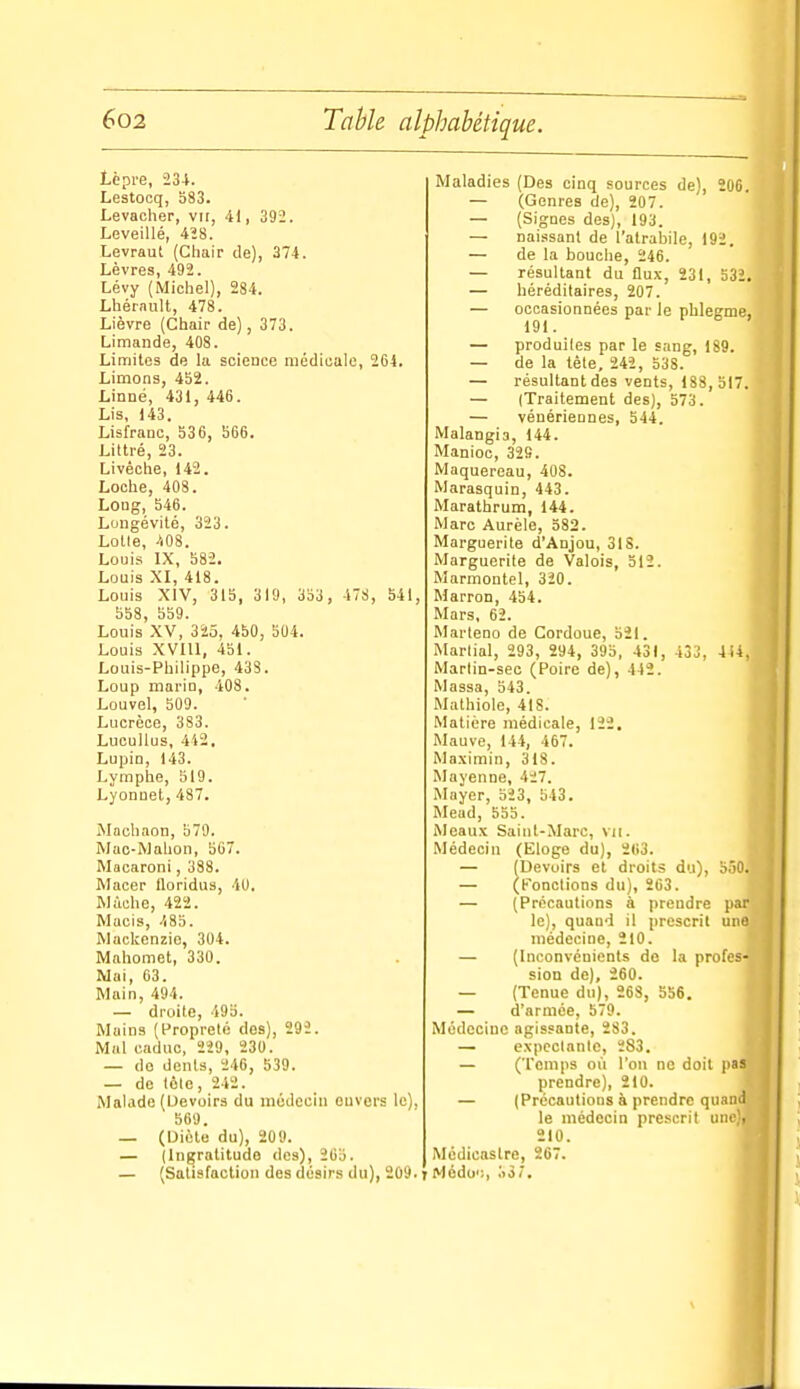 t 602 Table alphabétique. Lèpre, 234. Lestocq, 583. Levacher, vir, 41, 392. Leveillé, 4Î8. Levraut (Chair de), 374. Lèvres, 492. Lévy (Michel), 284. Lhérault, 478. Lièvre (Chair de), 373. Limande, 408. Limites de la science médicale, 204. Limons, 452. Linné, 431, 446. Lis, 143. Lisfranc, 536, 566. Littré, 23. Livéche, 142. Loche, 408. Long, 546. Longévité, 323. Lotie, >«08. Louis IX, 582. Louis XI, 418. Louis XIV, 315, 319, 353 , 478, 541, 558, 559. Louis XV, 325, 450, 504. Louis XVIII, 451. Louis-Philippe, 438. Loup marin, 408. Louvel, 509. Lucrèce, 383. LucuUus, 442, Lupin, 143. Lymphe, 519. Lyonnet, 487. Machaon, 579. Mac-Mahon, 507. Macaroni, 338. Macer floridus, 40. Mùche, 422. Macis, 485. Mackenzie, 304. Mahomet, 330. Mai, 63. Main, 494. — droite, 49o. Mains (froprelc dos), 292. Mal caduc, 229, 230. — do dents, 240, 539. — de tôle, 242. Malade (Devoirs du médecin envers le), 569. — (Diète du), 209. — (Ingratitude des), 265. — (Satisfaction des désirs du], 209. r Maladies (Des cinq sources de), 200. — (Genres de), 207. — (Signes des), 193. — naissant de l'atrabile, 192. — de la bouche, 240. — résultant du flux, 231, 'i'ii. — héréditaires, 207. — occasionnées par ie phlegme, — produiles par le sang, 189. — de la têle, 242, 538. — résultant des vents, 188,517. — (Traitement des), 573. — vénériennes, 544. Malangia, 144. Manioc, 32S. Maquereau, 408. Marasquin, 443. Marathrum, 144. Marc Aurèle, 582. Marguerite d'Anjou, 318. Marguerite de Valois, 512. Marmontel, 320. Marron, 454. Mars, 62. Marteno de Cordoue, 521. Martial, 293, 294, 395, 431, 433, 4 a, Marlin-sec (Poire de), 442. Massa, 543. Mathiole, 418. Matière médicale, 122. Mauve, 144, 467. Maximin, 318. Mayenne, 427. Mayer, 523, 543. Mead, 655. Meaux Saint-Marc, vu. Médecin (Eloge du), 263. — (Devoirs et droits du), 5.)0. — (fondions du), 263. — (Procautions A prendre \i!tv le), quaud il prescrit une médecine, 210. — (Inconvénients de la profes- sion de), 260. — (Tenue du), 268, 556. — d'armée, 579. Médecine agissante, 283. — expeclante, 283. — (Temps où l'on ne doit (los prendre), 210. — (Précautions à prendre quaml le médecin prescrit um', 210. Médicaslre, 267. Médo';, .S37. ]