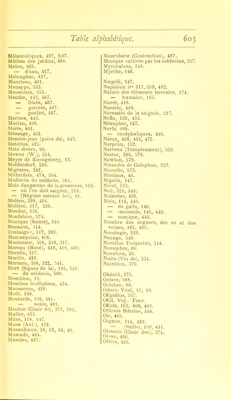 Mélancoliques, 497, 5 07. Mélisse des jardins, 468. Melon, 425. — d'eau, 4Î7. Mélongène, 427. Membres, 491. Menappe, 533. Menecrate, 553. Menthe, 145, 467. — frisée, 467. — poivrée, 467. — pouliot, 467. Merises, 443. Merlan, 408. Merle, 401. Mésange, 403. Messire-jean (poire de), 442. Melellus, 425. Mets divers, 96. Mewon (W.), 324. Meyer de Kœnigsberg, 12. Middendorf, 286. Migraine, 242. Mitliridate, 474, 584. Modeslie du médecin, 50i. Mois dangereux de la grossesse, 1S3. — où l'on doit saigner, 218. — (Régime suivant les), 01. Molène, 399, 401. Molière, 317, 559. Mondor, 535. MonfalcoD, 574. Monique (Sainte), 340. Monselet, 314. Montaigne, 317, 393. Montesquieu, 408. Montmaur, 308, 316, 317. Moreau (René), 416, 418, 4fi0. Morelle, 157. Morille, 428. Mormon, 308, 322, 541. Mort (Signes de la), 193, 520. — du médecin, 568. Moschion, 15. Mouclies trufligènes, 434. Mousseron, 428. Moût, 348. Moutarde, 158, 481. — noire, 481. Mouton (Chair de), 373, 392. Muller, '523. Mure, 118. 447. Musa (AnI.), 422. Musandinus, 28, 3 2, 34, 49. Muscade, 434. Muscles, 437. Musculaire (Contraction), 487. Musique cultivée par les médecins, 557, Myrobaliins, 146. Myrrhe, 146. Naigelé, 547. Napoléon le'- 317, 339, 492. Nature des éléments humains, 174. — humaine, 165, Navet, 418. Navette, 419. Nécessité de la saignée, 217. Nèfle, 120, 453. Nénuphar, 147. Nerfs, 488. — encéphaliques, 488. Néron, 428, 432, 472. Nerprun, 152. Nerveux (Tempérament), 509. Nestor, 295, 579. Newton, 579. Nicandre de Colophon, 657. Nicoclès, 573. Nicoluus, 40. Nigelle, 147. Nivet, 523. Noë, 329, 349. Noisettes, 458. Noix, 110, 440. — de galle, 140. — -muscade, 145, 440. — vomiqne, 440. Nombre des organes, des ns et des veines, 163, 485. Nosologie, 229. Nouage, 549. Novellus Torqualus, 344. Novembre, 66. Novoforo, 39. Nuits (Vin de), 334. Nutrition, 370.' Obésité, 375. Octave, 568. O.-tobre, 66. Oderic Vital, II, 19. Oligidius, 357. OEil. Voy. Yeux. OEufs, 103, 400, 40?, OlTicius Bibulus, 344. Oie, 405. Oignon, 114, 4J9. — (Soille), 13S, 431, Oiseaux (Chair des), 374. Oi'on, 400. Olivps, 455,