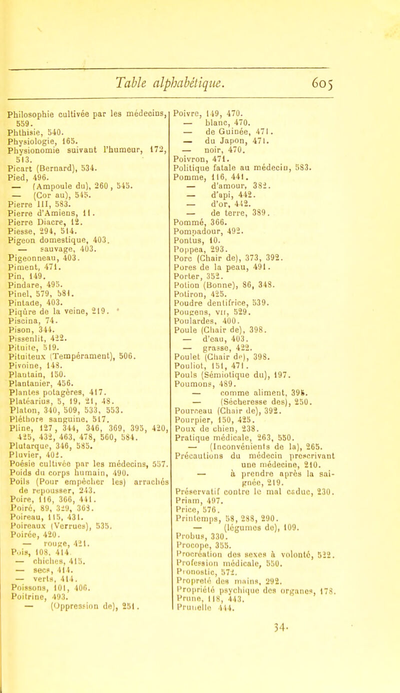 Philosophie cultivée par les médecins, 559. Phthisie, 540. Physiologie, 165. Physionomie suivant l'humeur, 172, 513. Picart (Bernard), 534. Pied, 496. — (Ampoule du), 260 , 54b. — (Cor au), 545. Pierre 111, 583. Pierre d'Amiens, 11. Pierre Diacre, 12. Piesse, 294, 514. Pigeon domestique, 403. — sauvage, 403. Pigeonneau, 403. Piment, 471. Pin, 149. Pindare, 493. Pinel, 579, 581. Pintade, 403. Piqûre de la veine, 219. • Piscina, 74. Pison, 344. Pissenlit, 4-22. Pilnile, 519. Pituiteux (Tempérament), 500. Pivoine, 148. Plantain, 150. Plantanier, 456. Plantes potagères, 417. Platéariua, 5, 19, 21, 48. Platon, 340, 509, 533, 553. Pléthore sanguine, 517. Pline, 127 , 344, 346, 369, 393, 420, 425, 432, 463, 478, 560, 584. Plutarquc, 346, 583. Pluvier, 40i. Poésie cultivée par les médecins, 557. Poids du corps humain, 490. Poils (Pour empêcher les) arrachés de repousser, 213. Poire, 116, 360, 441. Poiré, 89, 329, 308. Poireau, 115, 431. Poireaux (Verrues), 535. Poiréo, 420. — rou«c, 421. Pois, 108, 414 — chicliiis, 415. — secs, 411. — verls, 414. Poissons, 101, 406. Poitrine, 493. — (Oppression de), 251. Poivre, 149, 470. — blanc, 470. — de Guinée, 471. — du Japon, 471. — noir, 470. Poivron, 471. Politique fatale au médecin, 583. Pomme, 116, 441. — d'amour, 332. — d'api, 442. — d'or, 442. — de terre, 389. Pommé, 366. Pompadour, 492. Pontus, 10. Poppea, 293. Porc (Chair de), 373, 392. Pores de la peau, 491. Porter, 352. Potion (Bonne), 80, 348. Potiron, 425. Poudre dentifrice, 539. Pougens, VII, 529. Poulardes, 400. Poule (Chair de), 398. — d'eau, 403. — grasse, 422. Poulet (Gliair di'), 398. Pouliot, 151, 471 . Pouls (Sémiotique du), 197. Poumons, 489. — comme aliment, 398. — (Sécheresse des), 250. Pourceau (Chair de), 392. Pourpier, 150, 425. Poux de chien, 238. Pratique médicale, 263, 550. — (Inconvénients de la), 205. Précautions du médecin proscrivant une médecine, 210. — à prendre après la sai- gnée, 219. Préservatif contre lo mal csduc, 230. Priam, 497. Price, 576. Printemps, 53, 288, 290. — (légumes do), 109. Probus, 330. Procope, 355. Procreation des sexes à volonté, 522. Profession médicale, 550. Pronostic, 571. Propreté don nmiiis, 292. Propriété psychicpie des organes, 178. Prune, 118, 443. Prunelle 444.