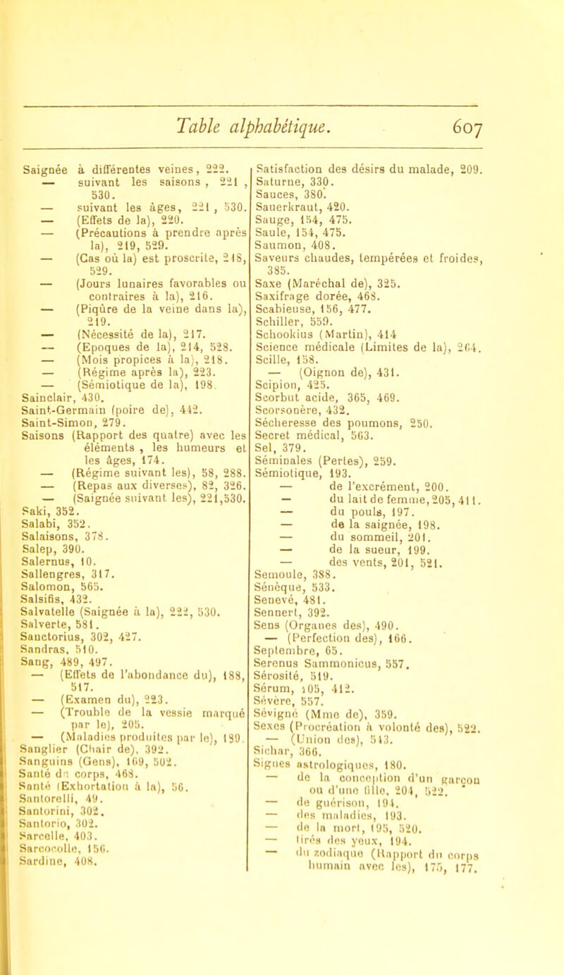 Saignée à différentes veines, 222. — suivant les saisons , 221 530. — suivant les ùges, 221 , o30 — (Effets de la), 220. — (Précautions à prendre après la), 219, 529. — (Cas où la) est proscrite, 21S 529. — (Jours lunaires favorables ou contraires à la), 216. — (Piqûre de la veine dans la), 219. — (Nécessité delà), 217. -- (Epoques de la), 214, 528. — (Mois propices à la;, 218. — (Régime après la), 223. — (Sémiotique de la), 198. Sainclair, 430. Saint-Germain (poire de), 442. Saint-Simon, 279. Saisons (Rapport des quatre) avec les éléments , les humeurs et les âges, 174. — (Régime suivant les), 58, 288. — (Repas au.x diverses), 82, 326. — (Saignée suivant les), 221,530. Palii, 352. Salabi, 352. Salaisons, 378. Salep, 390. Salernus, 10. Sallengres, 317. Salomon, 563. Saisies, 432. Salvatelle (Saignée il la), 222, 530. Salverte, 581. Sauctorius, 302, 427. Sandras, 510. Sang, 489, 497. — (Effets de l'abondance du), 188, 517. — (Examen du), 223. — (Trouble de la vessie marqué par le), 205. — (Mnladios produites par le), I39. Sanglier (Cliair de), 392. Sanguins (Gens), 169, 502. Santé dn corps, 468. Santé lExIiorlalioii à In), 56. Snnlorelli, 49. Santoriui, 302. Sanlorio, 302. S*arcelle, 403. Sarco.'olle, 150. Sardine, 40H. Satisfaction des désirs du malade, 209. Saturne, 330. Sauces, 380'. Sauerkraut, 420. Sauge, 154, 475. Saule, 154, 475. Saumon, 408. Saveurs chaudes, tempérées et froide?, 385. Saxe (Maréchal de), 325. Saxifrage dorée, 46S. Scabieuse, 156, 477. Schiller, 550. Scbooliius (Martin), 414 Science médicale (Limites de la), 264. SciUe, 158. — (Oignon de), 431. Scipion, 425. Scorbut acide, 365, 469. Scorsonère, 432. Sécheresse des poumons, 250. Secret médical, 503. Sel, 379. Séminales (Perles), 259. Sémiotique, 193. — de l'excrément, 200. — du lait de femme, 205, 411. — du pouls, 197. — de la saignée, 198. — du sommeil, 201. — de la sueur, 199. — des venls, 201, 521. Semoule, 388. Séncque, 533. Sénevé, 481. Sennerl, 392. Sens (Organes des), 490. — (Perfection des), 166. Seplenibre, 65. Serenus Sammonicus, 557. Sérosité, 519. Sérum, i05, 412. Sévère, 557. Sévjgné (Mme de), 359. Sexes (Procréation il volonté des), 522. — (Dnion lies), 513. Sichar, 366. Signes astrologiques, 180. — do la couc(!|]tion d'un garçon ou d'uni! lillo, 201, 522.  — de giiérison, 191. — lies iiiiihulics, 193. — de la morl, 195, 520. — tirés lies yeux, 194. — du zodiaque (Rapport du corps humain avec les), 17.), 177.