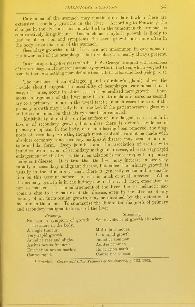 Carcinoma of the stomach may remain quite latent when there are extensive secondary growths in the liver. According to Fenwick,1 the changes in the liver are most marked when the tumour in the stomach is comparatively insignificant. Inasmuch as a pyloric growth is likely to lead to obstruction and symptoms, the latent growths are more often in the body or cardiac end of the stomach. Secondary growths in the liver are not uncommon in carcinoma of the lower half of the oesophagus, but dysphagia is nearly always present. In a man aged fifty-five years who died in St. George's Hospital with carcinoma of the oesophagus and numerous secondary growths in the liver, which weighed 14 pounds, there was nothing more definite than a distaste for solid food (vide p. 511). The presence of an enlarged gland (Virchow's gland) above the clavicle should suggest the possibility of oesophageal carcinoma, but it may, of course, occur in other cases of generalised new growth. Enor- mous enlargement of the liver may be due to melanotic sarcoma second- ary to a primary tumour in the uveal tract; in such cases the seat of the primary growth may easily be overlooked if the patient wears a glass eye and does not mention that his eye has been removed. Multiplicity of nodules on the surface of an enlarged liver is much in favour of secondary growth, but unless there is definite evidence of primary neoplasm in the body, or of one having been removed, the diag- nosis of secondary growths, though most probable, cannot be made with absolute certainty, since primary malignant disease may occur in a mul- tiple nodular form. Deep jaundice and the association of ascites with jaundice are in favour of secondary malignant disease, whereas very rapid enlargement of the liver without emaciation is more frequent in primary malignant disease. It is true that the liver may increase in size very rapidly in secondary malignant disease, but since the primary growth is usually in the alimentary canal, there is generally considerable emacia- tion on this account before the liver is much or at all affected. _ When the primary growth is in the kidneys or in the uveal tract, emaciation is not so marked. In the enlargement of the liver due to melanotic sar- coma a clue to the nature of the disease, even in the absence of any history of an intra-ocular growth, may be obtained by the detection of melanin in the urine. To summarise the differential diagnosis of primary and secondary malignant disease of the liver: Primary. Secondary. No sign or symptom of growth Some evidence of growth elsewhere, elsewhere in the body. A single tumour. Multiple tumours. Very rapid growth. Less rapid growth. Jaundice rare and slight. Jaundice common. Ascites not so frequent. Ascites common. Emaciation not so marked. Emaciation marked. Course rapid. Course not so acute. Fenwick. Cancer and Other Tumours of the Stomach, p. 182, 1902.