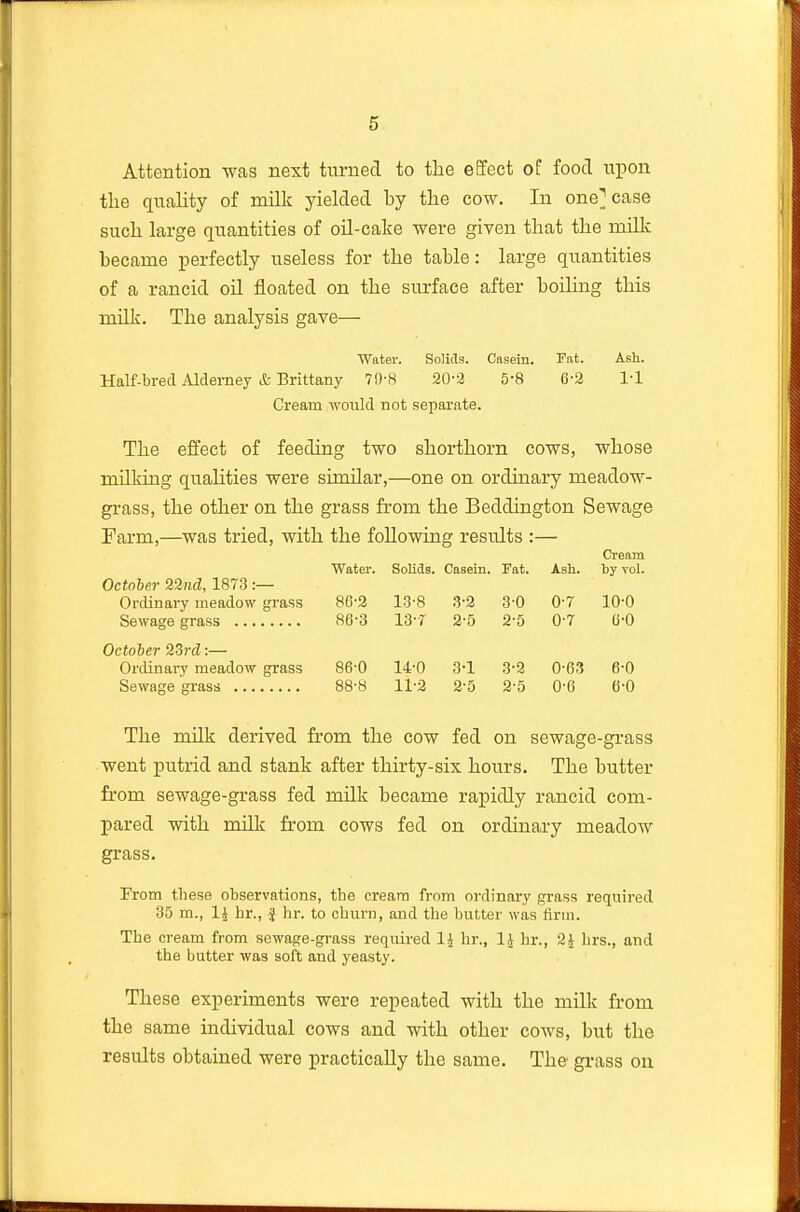 Attention was next turned to the effect of food upon the quahty of milk yielded by the cow. In one] case such large quantities of oil-cake were given that the milk became jDerfectly useless for the table: large quantities of a rancid oil floated on the surface after boiling this mUk. The analysis gave— Water. Solids. Casein. Fat. Aeli. Half-bred Aldemey & Brittany 79-8 20-3 5-8 6-2 1-1 Cream woiild not separate. The effect of feeding two shorthorn cows, whose milking quahties were similar,—one on ordinary meadow- grass, the other on the grass from the Beddington Sewage Farm,—was tried, with the following results :— Cream Water. Solids. Casein. Fat. Ash. by vol. October 22nd, 1873 :— Ordinary meadow grass Sewage grass October 25rd:— Ordinary meadow grass Sewage grass The milk derived from the cow fed on sewage-grass went putrid and stank after thirty-six hours. The butter from sewage-grass fed milk became rapidly rancid com- pared with milk from cows fed on ordinary meadow grass. From these observations, the cream from ordinary grass required 35 m., li hr., f hr. to churn, and the butter was firm. The cream from sewage-grass required IJ hi-., IJ hr., 2J hrs., and the butter was soft and yeasty. These experiments were repeated with the milk from the same individual cows and with other cows, but the results obtained were practically the same. The grass on 86'2 13-8 3-2 3-0 0-7 10-0 86-3 13-r 2-5 2-5 0-7 U-0 86-0 14-0 3-1 3-2 0-63 6-0 88-8 11-2 2-5 2-5 0-6 6-0