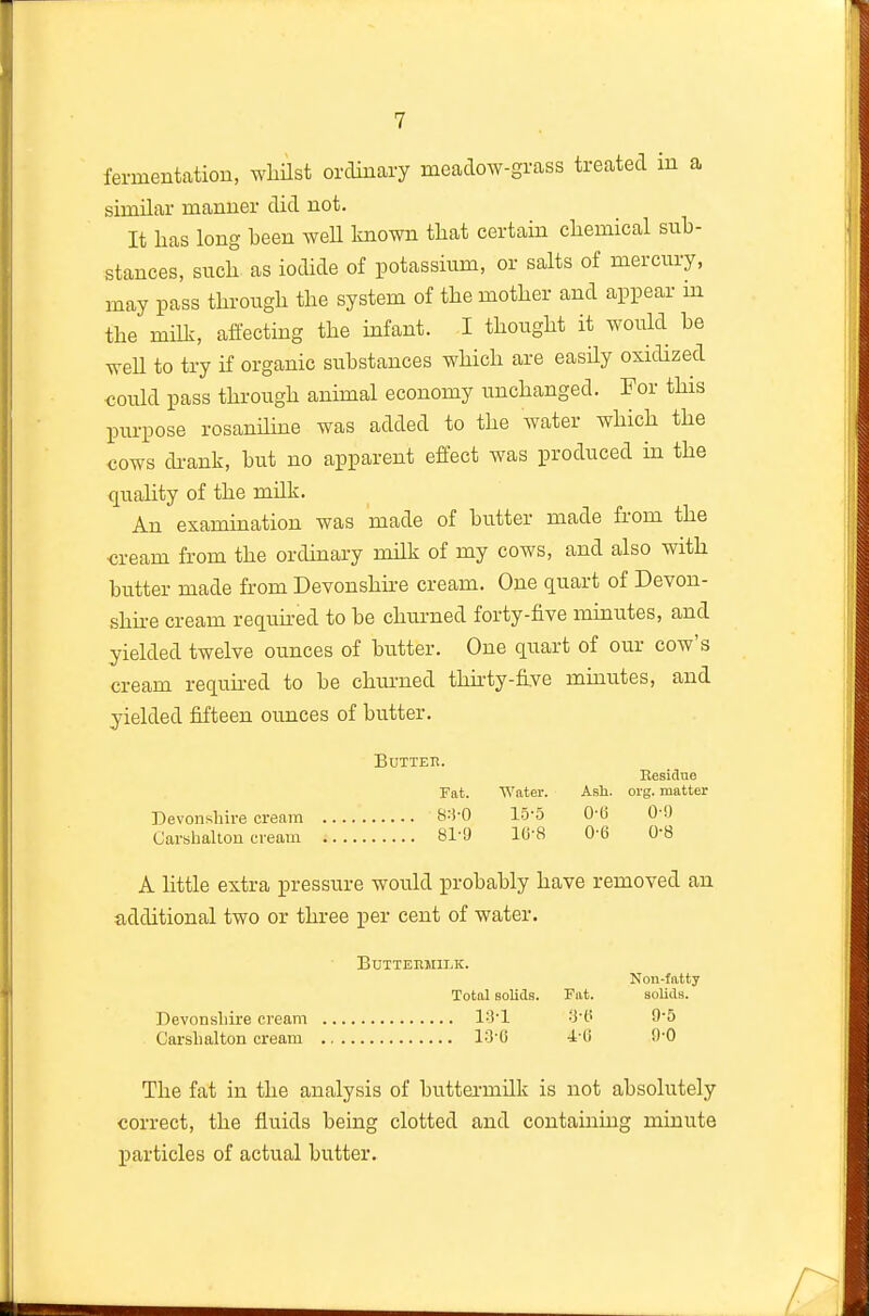 fermentation, wliUst ordinary meadow-grass treated in a similar manner did not. It lias long been weH known tliat certain cliemical sub- stances, sucli as iodide of potassium, or salts of mercury, may pass through the system of the mother and appear m the milk, affecting the infant. I thought it would be weU to try if organic substances which are easily oxidized could pass through annual economy imchanged. For this purpose rosanihne was added to the water which the cows di-ank, but no apparent effect was produced in the quahty of the mUk. An examination was made of butter made from the cream from the ordinary milk of my cows, and also with butter made from Devonshire cream. One quart of Devon- shu-e cream requked to be churned forty-five mmutes, and yielded twelve ounces of butter. One quart of our cow's cream requhed to be churned thhty-five minutes, and yielded fifteen ounces of butter. BuTTEn. Eesidne Fat. Water. Ash. org. matter Devonshire cream 8:!-0 lo-5 O'O 0-9 Carshalton cream 81-9 lU-8 0-6 0-8 A little extra pressure would probably have removed an additional two or three per cent of water. BUTTEKMILK. Non-fatty Total solids. Fat. solids. Devonsliire cream 13'1 -i't 9-5 Carshalton cream 13'0 4 0 O'O The fat in the analysis of buttermilk is not absolutely correct, the fluids being clotted and containuag minute particles of actual butter.