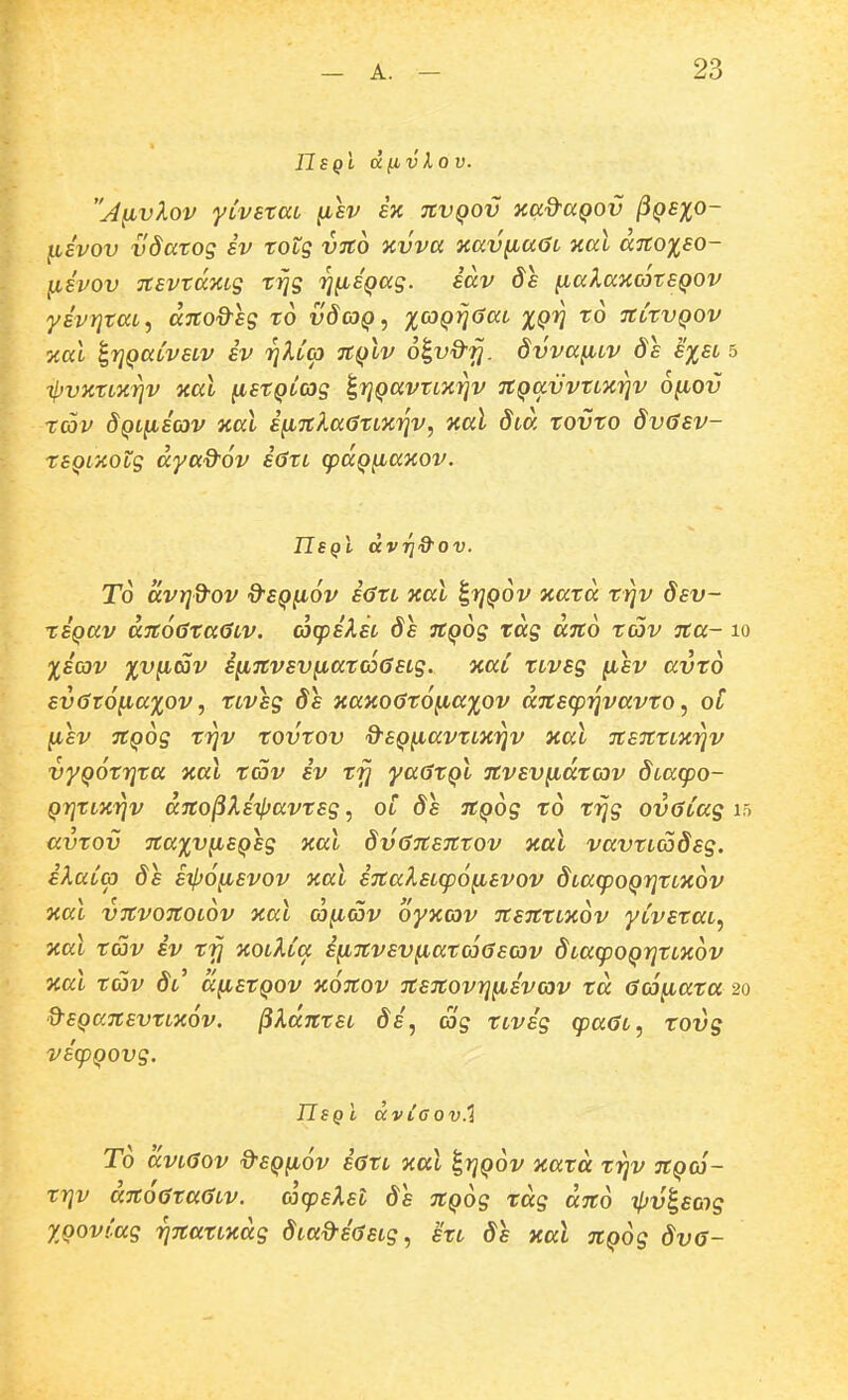 j^vXov yCvExaL nsv h tcvqov xad-aQOv ^QS%o- liBvov vdatog iv totg vtco xvva xavfiaaL xal aTto%BO- IJLSVOV TtevtaMg trjg rj^SQag. iav de ^akancotEQOV yivTjtaL, djtod^eg to vdcoQ, xoQrjaaL XQV TcCtvQOv jcat ^rjQaCveLv iv rjlCG) tcqIv o^vQ^. dvva^LV de e^eL 5 ipvyctLKYiv xal ^stQCag ^rjQavTLXi^v TtQavvtLXiqv ofiov tav dQLfiiav xal i^nlaGtLKriv, xal dLa tovto dv6sv- tBQLHOLg dya&ov iStL g^aQ^axov. IIsqI dvrj&ov. T6 dvTjd^ov d'SQ^6v i<jtL xal i^rjQov natd trjv dev- tsQav dn6ata6LV. acpikeL de TtQog tdg dno tav na- lo %SG3v %v^av ifinvsv^atcoGeLg. xaC tLvsg ^ev avto ev6t6iia%ov, xLveg 8e xaxo<}t6^a%ov dnecpiqvavto ^ ot Itsv nQog trjv tovtov d-eQ^iavtLxrjv xal nenttxrjv vyQ^trjta xal tcov iv trj yaatQL nvsv^idtcov dLacpo- Q7]tLxrjv dno^Xsipavtsg, ol ds nQog to trjg ov6Cag ih uvtov na%v^eQeg xal dvdnentov xal vavtLadeg. iXaCcp 8\ ei\}6^svov jcat inaXsLcp6\isvov dLacpoQrjtLXov xal vnvonoLov y.al a^cSv oyxcov nsntLxov yCvstaL^ xal tav iv tfj xotAta i^nvsvfiatcoasav dLacpoQrjtLXov xal tcjv Sl' dfistQov ic6nov nsnovrj^ivav td aco^ata 20 d^EQansvtLx^v. ^KantsL di^ cog tLvig cpaGL, tovg vicpQOvg. nsQL dvicov.1 T6 dvL(5ov Q'SQyi,6v iatL xal ^rjQov xatd trjv nQCJ- trjv dn6ata6Lv. cocpsXst ds nQog rdg dnd ipv^sag XQOvCag rjnatLxdg dLad^idsLg, etL ds xal nQog dv6-