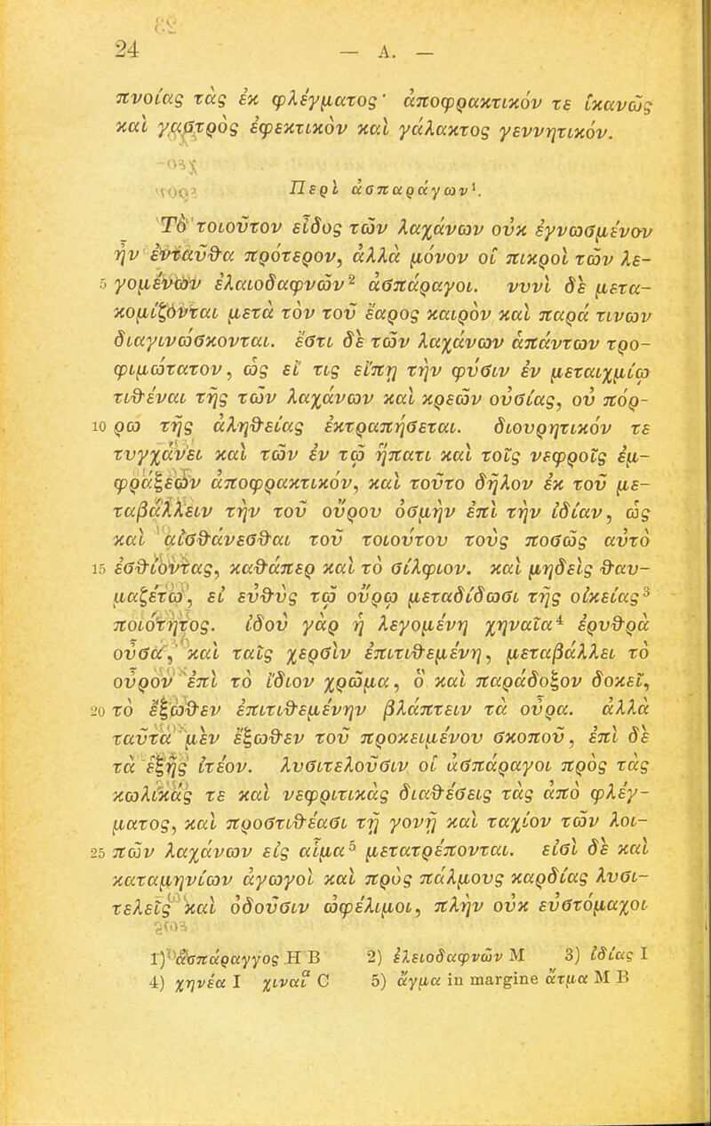 nvoCag xag iy, cpXiy^axoq' ccTCocpQaxrixov xa Cxavdig xal y,(^pTQ6g icpEnxMov ocal ydXamog ysvvrjTLXov. 'T6''tolovtov elSog tcjv Xa%dvav ovx iyvcoGfiEvov Tjv i^Mvd^a JtQOTSQOV, «AAa ^OVOV OC TtLXQOLTCOV Xs- 5 yofifViai/ iXaLodacpvcov^ d^SndQayoL. vvvl ds ^sxa- X0(iLt,6vTaL ^srd tov tov saQog xaiQOV xal na^d tlvcqv dLayLvcoGxovTaL. sGtl ds rav Xaxdvav dndvTav tqo- cpifiojTaTOv, cog st TLg siTtri Trjv cpv6Lv iv (isTaLx^LC) TL^svaL Tijg tcjv Xa%dvG)v xal xqscov ovGLag, ov tioq- 10 Qco Tijg aXrid^SLag iyiTQamqGsTaL. dLOVQrjTLXOV ts Tvy%avsL xai rav iv Ta ^jtaTL Tcal ToZg vscpQotg iyb- cpQa.^s^v drcocpQaxTLXov, xal tovto dijXov ix tov [is- Ta^aXksLv TYiv tov ovqov oG^rjv inl Trjv idCav, ag nal ^ atad^dvsGd^aL tov tolovtov Tovg nodag avTo 15 iad-Loi>Tag, xad^dnsQ xal to GtXcpLOV. xal ^rjdslg &av- lia^ETcd', SL svd^vg Ta ovQa fiSTadcdaGL Trjg olxsCag^ noLoirjrog. Cdov yaQ r] Xsyo^svrj xrjvata^ iQv&Qa ov(ScC,' xal Talg %SQ0lv inLTLd^s^svr}, [isTa^dXXsL t6 ovQOv^inl t6 IdLov %Qa{ia, o xal naQd6oi,ov doxst, 20 t6 ^^a^sv inLTLd^Sfisvrjv ^XdnTSLV Ta ovQa. dXXd ravtd^^^^sv s^ad^sv tov nQOxsL^svov 6xonov, inl ds Ta 's^rjg itiov. XvgltsXovcjlv ol d^ndQayoL nQog tdg xaXCxdg ts xal vscpQLTtxdg diad^s^SLg Tag dn6 cpXiy- ycaTog, xal nQoGTLd^iaGL Trj yovfj xal ra^Cov tav Xol- 25 nav Xa%dvav sig atfia^ ^statQsnovtaL. sicl ds xal xata^irjvCav dyayol xal nQog ndXfiovg xaQdCag Xvol- tsXsLg xal oSovGlv co(piXL^OL, nXrjv ovx sv6t6^a%OL lf''^7tdQayyQgB.B 2) IXsLoSucpvaivM. S)CSu<gl 4) XV^^^ I X'-'^ C «Vf' ^° margine atfia M B