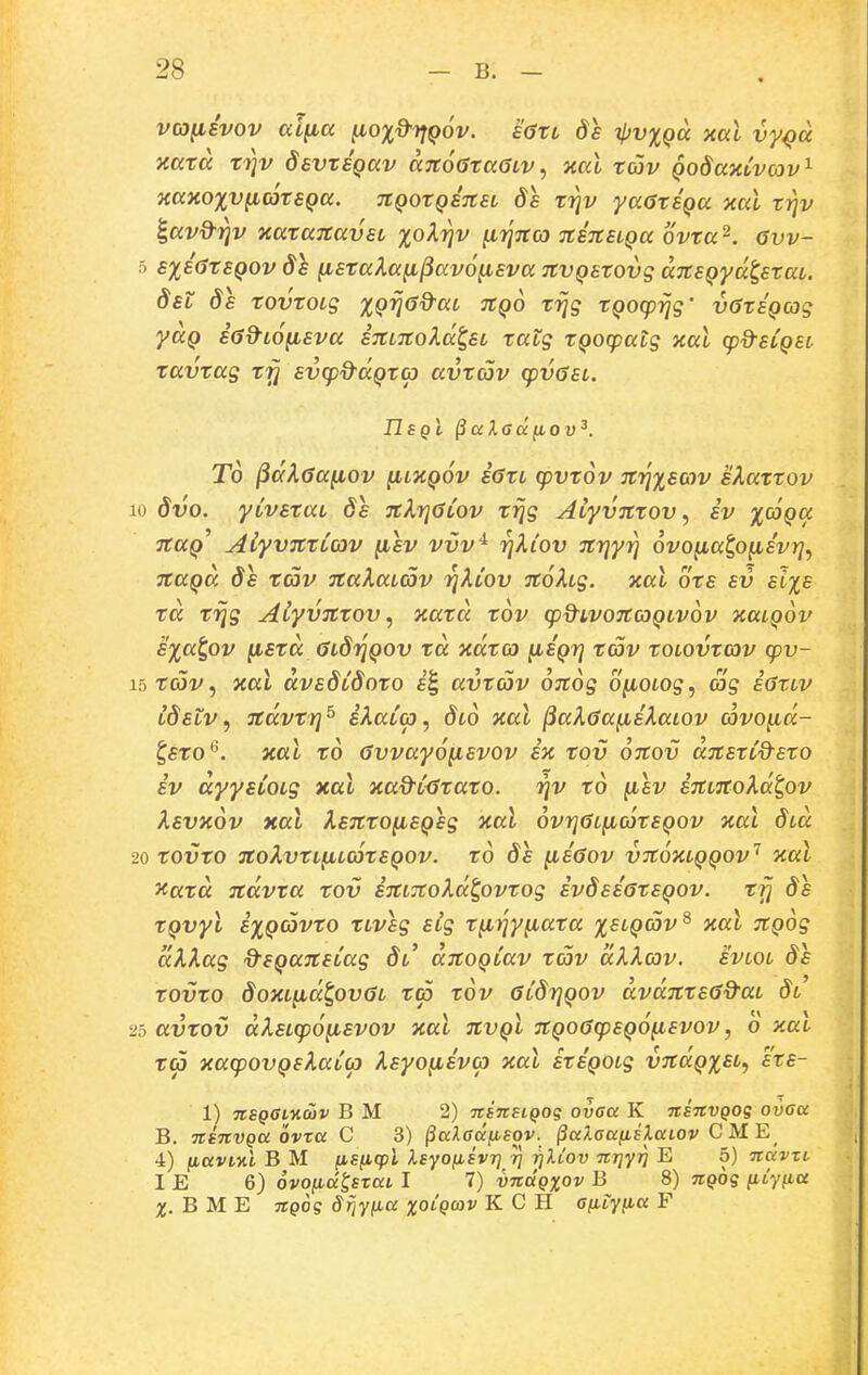 va^ivov aifia ^ox^^Qov. bGxl ds il)v%Qa xal vyQa xatd tTjv dsvtsgav ccTCoGtaaLv, aal tav Qodaxtvojv^ xaxoxv^atsQa. nQotQSitsi ds triv yaGtSQa xal tr]v ^avd^Tjv jtataTtavst %oAi)v ju,?f7roj TtsnsLQa ovta^. avv- 5 s%iatSQOv 81 fistaXaii^avo^sva TtVQStovg aTtSQyd^staL. dsL ds tovtoig XQrjad-aL TtQO trjg tQO(pi]g' vatsQcog yaQ iad^LOfisva STtLTtoXd^st tatg tQOcpatg xal (pQsLQSL tavtag trj svcp^dQta avtav q>vasL. T6 ^dXaa^ov ^LXQOV iatL cpvtov nijxsatv sXattov 10 8vo. yivstaL 6s TclrjaLOV trjg AcyvTttov, iv XcoQa TtaQ^ AiyvTttCciv fisv vvV^ rjXiov nrjyrj 6vo^ai,o^ivrj, TtaQa ds tav TtaXatav riXiov noXLg. zal ots sv sl%s td trjs AiyvTttov ^ xatd tov (p&LvojtaQivov xulqov sxatpv yLStd aLdrjQOv td xdto) ^iQrj tav tOLOvtcov (pv- isrojv, xal dvsdidoto s^ avtav onog o^oLog^ ag iaxiv lSslv, Tcdvtr]^ iXaia, dco xal ^aXaa^iXaiov avo^d- ^fro''. nal to avvayofisvov ioc tov OTtov dnsti%-sto iv dyysCoLg xal xad-iijtato. riv to ^sv ijtLTCoXdt^ov Xsvxov xal XsntofiSQsg xal ovrjaL^cjtSQOv zal did 20 tOVtO 7toXvtL(XL03tSQOV. tO 8s ^iaOV VTtOXLQQOv'' Hal ^atd Ttdvta tov ijCLTtoXd^ovtog ivdsiatsQov. t^ ds tQvyl ixQCOVto tLVsg sig t^Tqy^ata %£tpc5v^ xal jCQog dXXag dsQansiag Sl' dicoQiav tav dXXav. svlol ds tovto SoxL^d^ovaL ta tov aidrjQOv avdjctsad^at Sl 25 avtov dXsLcpo^svov xal nvQL nQoacpsQO^svov, o y.at t<a xacpovQsXaicp Xsyofiiva xal stiQOLg vndQ%SL, sts- 1) TiEQaiKojv B M 2) itinHQOq ovaa K nsnvQoq ovou B. nenvQa ovra C 3) §a?.adfisov. ^aXaafiBlaiov CME 4) (laviKl B M (isficpl IsyofisvT] 7} r]XL0v nrjyn E 5) ndvzL I E 6) ovofid^sxai I 7) vndQ%ov B 8) nQoq (iLyfia B M E nQoq Si]y(ia xolqcov K C H a(LLy(ia F