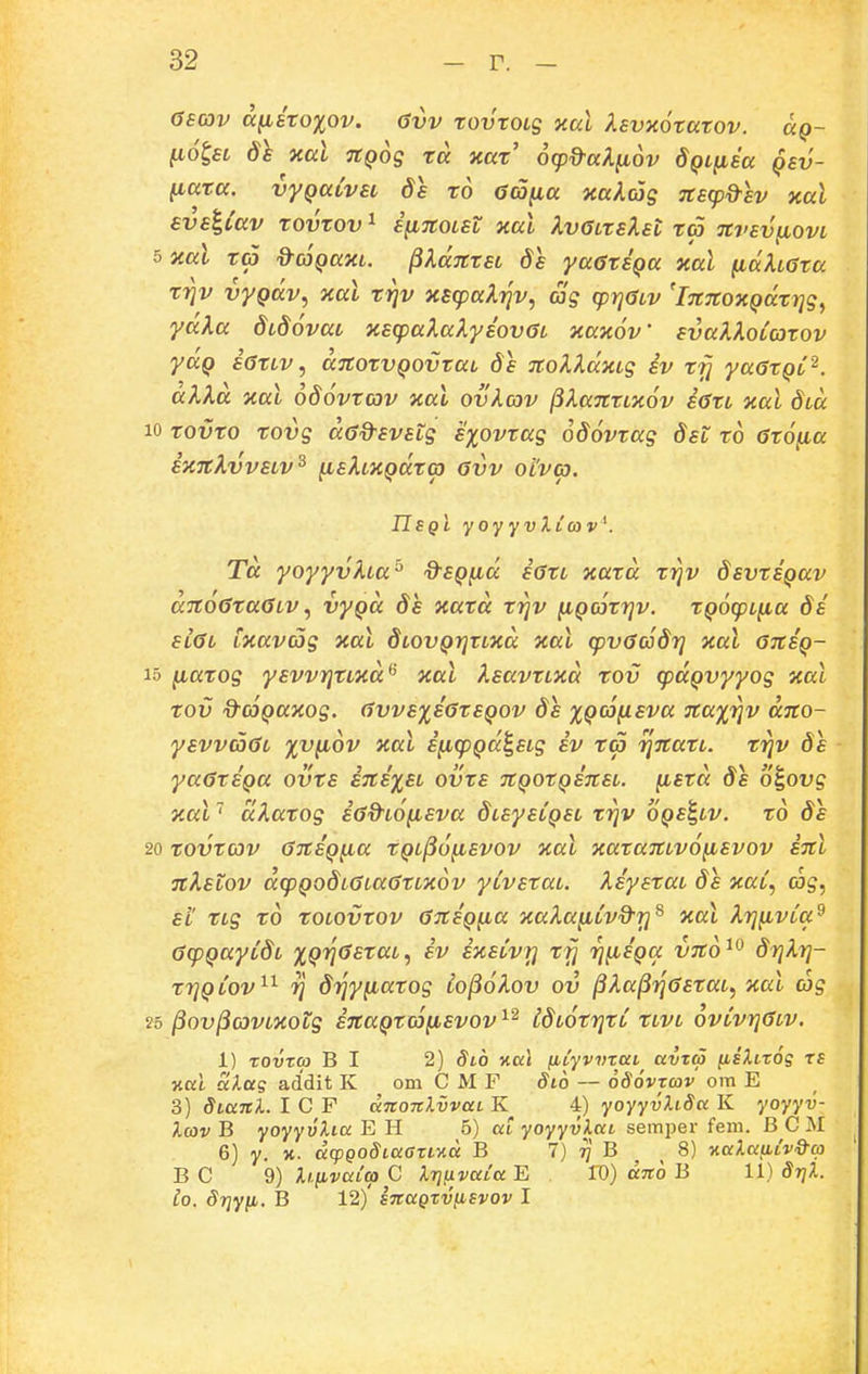 6SG)v afistoxov. 6vv rovroLg ital Xsvzotatov. ccq- ^o^SL dh xal TtQog ra xar ocpd-akfiov dQi[isa qsv- ^ata. vyQalvsL 8s to acofia xaXdg nscpd-sv xal avslCav Tot^rov ^ sfiTtOLSL jcai IvaLtslst ra nvsv(iovL bxal ra ^aQaxt. ^XdnrsL ds yaGrsQa xal fidXLata triv vyQav, xai trjv xs(paXijv, ag (prjaLv 'inTtoxQatrjg^ yaka dLdovaL nsipalakysovaL xaxoV svalXoCatov yaQ satLv, ditorvQOVtaL 8s TtolldxLg iv rij yaarQL^. alXa xai odovrcov xai ovkav ^kanrLKov sarL aai dLa 10 TOVTO rovg dad-svstg s^ovrag odovtag dst to ato^a sHTcXvvsLv^ ^shxQatc} avv olva. TIsqI yoyyvXicavK Td yoyyvha^ d-SQfid satL xatd trjv dsvtSQav dTtoataatv, vyQa ds xatd r^v iiQcorrjv. rQocpt^a 6s siaL Lxavag xai dLOVQrjrLxd xai cpvacodrj xai ansQ- 15 ^arog ysvvrjrLxd'' xai XsavtLxd tov cpdQvyyog xai tov d^coQaxog. avvs%satSQov ds %Qa^sva 7ta%riv dico- ysvvcoaL %v^6v xai sficpQd^sLg sv ta rjjtati. r^v ds yaatSQa ovts S7ts%SL ovts TtQOtQSXSL. (istd ds o|oi;g xai' dXatog iad^Lo^sva dLsysCQSL t^v oqs^lv. to ds 20 tovtav aTtsQ^a tQL^o^svov xai xatanLvo^svov ini TtXsLOV dcpQodLaiaatLxov yCvstaL. XsystaL ds xaC^ cog, SL tLg ro roLOvrov ansQ^a xakafiLvdr]^ xai Xrj^vCa^ acpQayCdL ^Q^^asraL, sv ixsCvrj r^ W^Q^ vjto^'^ drjkrj- rrjQCov^^ 7] di]y(iatog io^oXov ov ^Xa^iqastaL^ xai ag 25 fiov^avLxotg iitaQtco^svov idLorrjrC rLVL ovCvrjaLV. 1) rovroi B I 2) Slo nat fiLyvvrccL avzm fiiXirog rs nal alag addit K om C M F Sio — oSovrcov om E 3) SLanl. I C F anonlvvaL K 4) yoyyvliSa K yoyyv- lav B yoyyvXia E H 5) ai yoyyvXaL semper fem. B C M 6) y. X. dq)QoSLaarLv.a B 7) B 8) v.alait,LvQ-ca B C 9) XnLvaica C XrjixvaLa E ID) dno B 11) SrjX. io. Srjyii. B 12) iitaQrvfisvov I