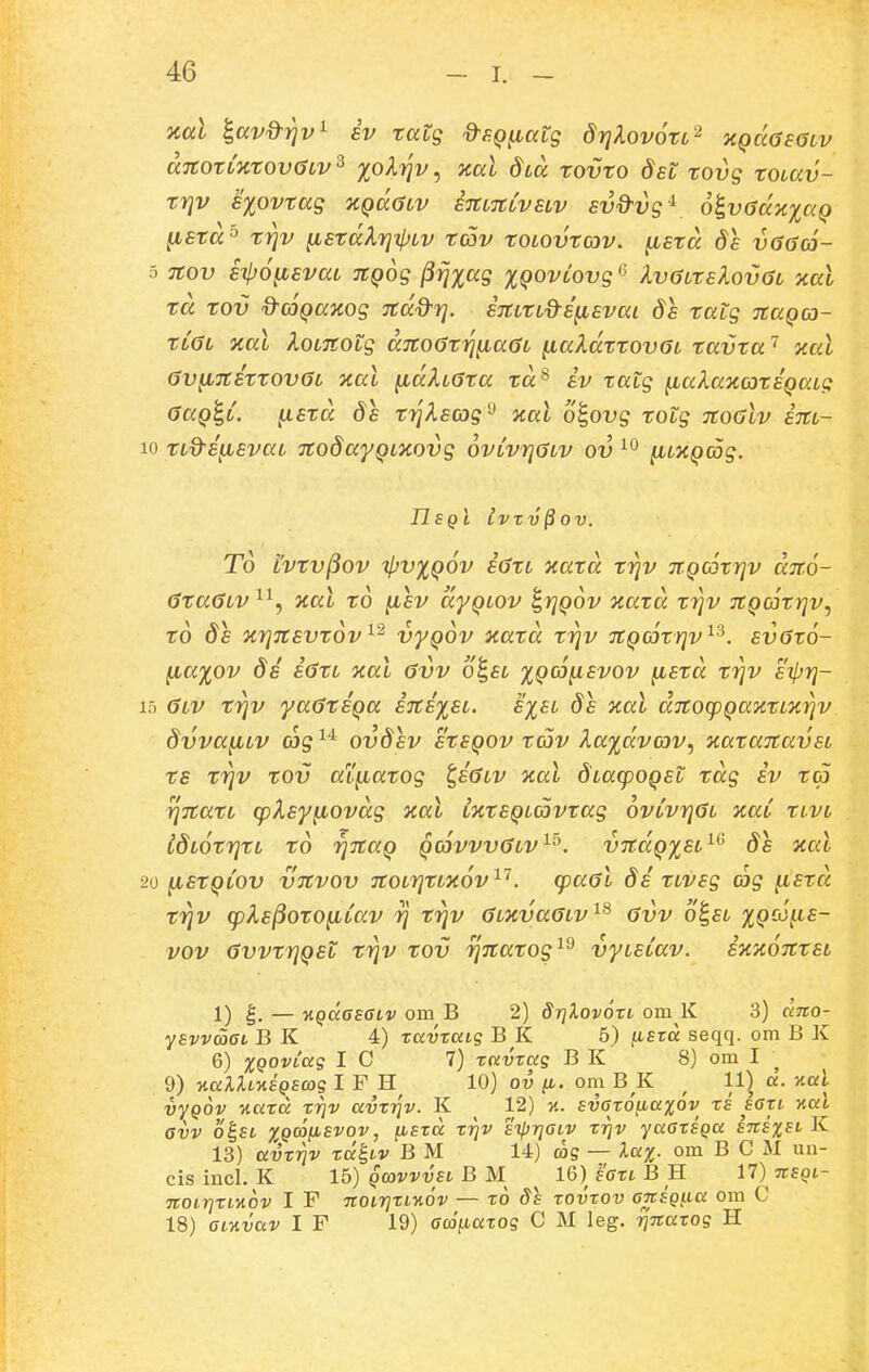 ocal ^ccv^Yjv^ iv tatg d-i-Q^atg drjXovoTc'^ XQaasGLv dnoTLXtovatv^ loly\v^ Kal dcd tovto dst tovg totav- trjv aiovtag XQd<jtv STttTttvstv svd^vg^ o^vGaxxaQ ^std^ trjv ^stdX7}4itv tav totovtcjv. ^std ds v66o}- 5 Ttov sifjo^svat TCQog ^rjxag %QoviovgIvattsXovGt xal td tov &(6QaKog Ttd^y]. sittttd-s^svai ds tatg TtaQo- tiat Kal XotTCOtg dTtoOtrniaat [laXdttovat tavta v.al av^Ttsttovat xal ^dXtata td^ sv tatg ^aXaKcotSQatg aaQ^i. (istd ds TTfAetog^ nal o^ovg totg noalv sitt- 10 tt&s^svat TtodayQiKOvg ovivTjatv ov ^tXQcog. nsQi Ivzv^ov. T6 1'vtv^ov TpvxQOv iatt xatd f^v 7T,Q(6tr]v d%6- ataatv^^, xal to ^sv dyQtov ^rjQov xatd trjv TtQatrjv, to ds xrjTtsvtov^^ vyQOV aatd f^v TtQcotrjv^'^. svato- ^a%ov ds iatt xal avv o^st xqco^svov ^std ttJv siprj- 15 atv triv yaatSQa ijtsxst. E%st ds %al aTtotpQaxttx^v dvvayttv ajff^^ ovdsv stSQOV tav Xaxdvcov, xataitavst ts xriv tov at^atog ^satv xal d'taq)OQst tdg iv tcp riTtatt cpXsy^ovdg xat ixtSQtavtag ovivr^at xai ttvi idtotrjtt td rjTtaQ Qcovvvatv^'-'. vndQxst^'' ds xcd 20 ^stQiov vTtvov Ttotrjttxov . cpaal ds ttvsg cag (istd triv (pXs^OTOfiiav rj trjv atxvaatv^^ avv o^st xqcS^ls- vov avvtrjQst trjv tov rjnatog^^ vytsiav. ixxoTttsi 1) |. — v.QciGsaLv om B 2) SrjXovori. om K 3) arco- ysvvaOL B K 4) ravraLg B K 5) fisra seqq. om B K 6) XQOvCag I C 7) ravrag B K 8) om I ^ 9) v.aXlLyiSQScog I F H 10) ov (i. om B K ^ 11] a. nal vyQOv ■nard rrjv avri^v. K 12) yi. svaro^axov rs sarL nal 6vv o^SL XQCoiisvoVj fisru rrjv siprjaLV r-^v yaarsQU stcsxsl K 13) avrriv zu^lv B M 14) mq — lax- om B C M un- cis incl. K 15) QavvvSL B M ^ 16) Iffrt B H 17) nsQL- noLrjrL-Aov I F ■noLrjrLKOV — ro ds rovxov ansQ^LU om C 18) aLyivav I F 19) <>co>o:tos C M leg. rjnarog H