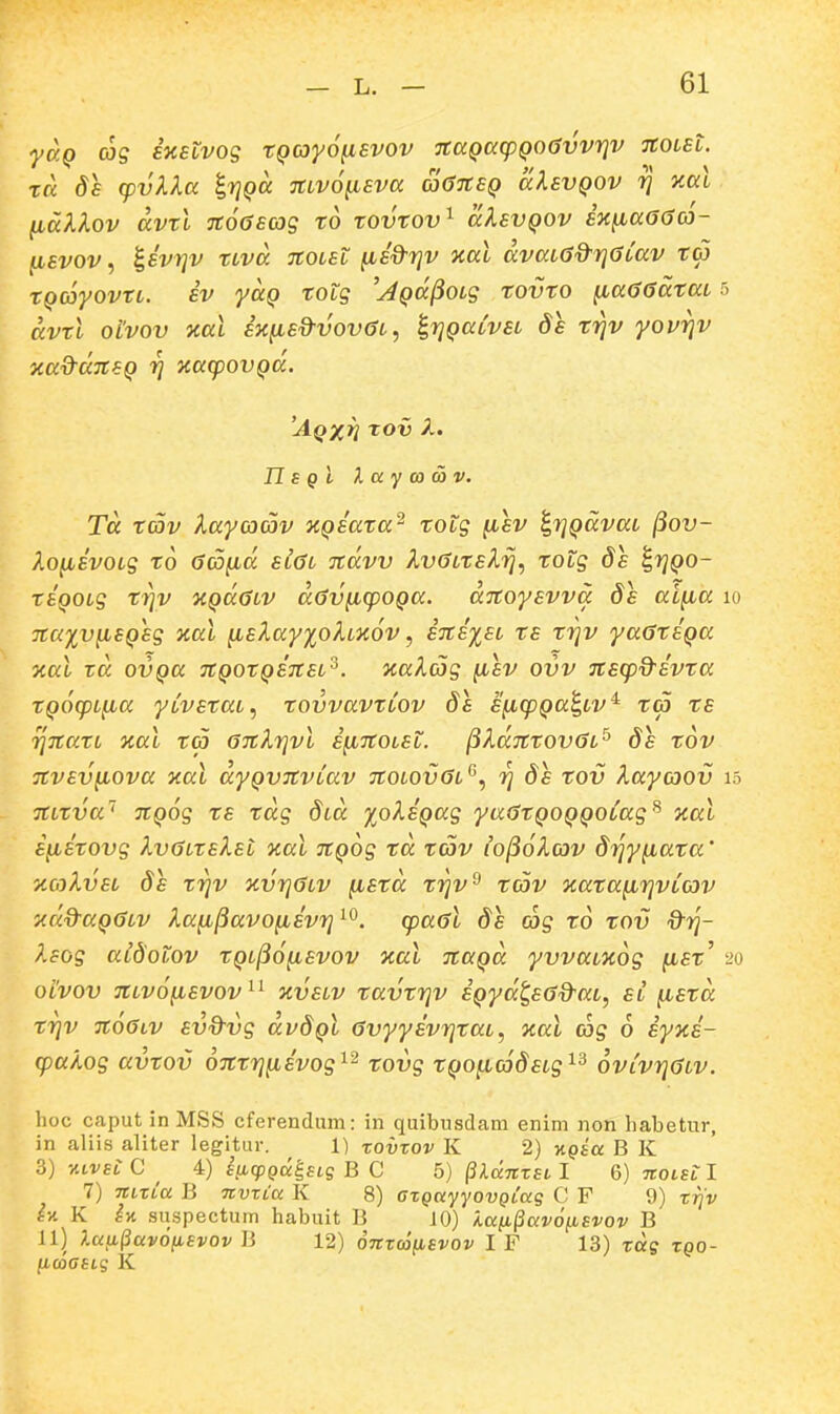 yccQ cog ixstvog XQoyo^svov TtaQaq^Qoavvrjv tcolsl. xu 8\ tpvlla %riQa %iv6\iBva o)6jcsq aksvQOv 7] aal fidXlov avrl noaeag to zovtov^ alsvQOv ix^aaGa- ^svov, ^sv7}v ttvd noLsl ^sd-rjv xal dvaLGd^rjGtav t(p tQCoyovtL. iv yccQ totg 'jQa^OLg tovto ^a(5GdtaL 5 dvtl olvov %ai iK(isdvov(}L, IrjQaLVSL ds ti^v yovr}v xa&aTisQ 7} xacpovQa. 'AQXfi toi) A. n £ QL l a y a a V. Td t(3v laycocov XQsata^ totg fisv ^rjQavaL ^ov- XofisvoLg to 6(Sfid sl6l Tcdvv XvCLtslrj, totg ds ^rjQO- tSQOLg trjv XQd0LV d(}V^(poQa. dicoysvva ds ai^a lo Tcaxv^SQsg xal ^slayxohnov, iTciiSL ts trjv yaatsQa jcal td ovQa TCQOtQSTCSL^. xakcog ^sv ovv Tcs^pd^ivta tQocpL^a yLvstaL, tovvavtCov ds s^cpQai^Lv^ t(p ts 7]TcatL xal tco GicXrivl i^icoLSt. ^ldTCtovGc^ ds tov TCvsvjiova xal dyQVTCvCav 7Colov(5l^\ ri ds tov Xayaov i5 jCLtva' TCQog ts tdg dcd %oXsQag yacStQOQQoCag^ zal i^itovg XvGLtslsL %al ■JCQog td tav io^oXcov Srjy^ata' %coXvsL ds trjv %vr]0LV fistd trjv^ tcov ocata^rjvCcov 'xdd-aQCjLv Xa^^avo^ivr] ^^. (paal ds cog to tov d-rj- ?.8og aidotov tQLjio^isvov xal naQd yvvacKog ^st' 20 oHvov TCLvo^svov^'^ nvsLV tavtTjv iQyd^s(3Q-aL, si ^std tr}v tcoGlv svd-vg dvdQc GvyysvrjtaL, aal cog 6 iyxi- cpakog avtov OTCtrjiiivog^^ tovg tQo^codsLg^^ ovCvrjaLV. hoc caput inMSS cferendum: in quibusdam enim non habetur, in aliis aliter legitur. 1) xovxov K 2) %Qia B K 3) ■AiveC C ^ 4) siicpQagBiq B C 5) ^kditzBi I 6) itoin I 7) niTia B itvxCa K 8) GXQayyovQiag C F 9) ttjV l-A K ^v. suspectum habuit B JO) layi^avoiisvov B 11) luii^avoyiBvov B 12) 67rxc6(ievov I F 13) xdg xqo- ficoaeig K