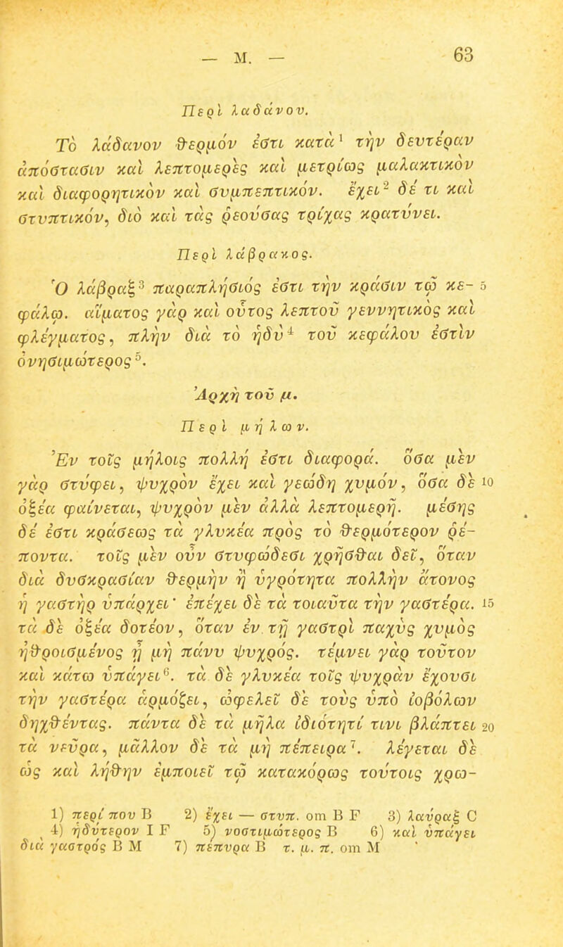 nsQt laSdvov. To Xddavov dsQ^ov hxi ^ata^ rrjv devrsQav d%66ra6iv Hal XsnrofiSQSs xal ^stQiOS ^aXanrMOV y.al diacpOQritLxov x«t GvyinsnrLiiov. £%£l'- ds rL 'nal atvTttLXOV, Slo xal rdg QSOvGag rQLxag XQarvvsL. IJsqI IdpQCiKog. 'O Xd^Qa^ ^ TtaQa7iXi]6L6g s(StL ti]v XQd^LV ta xs- a (pd/i<p. uL^atog yaQ xal ovtog IsTitov ysvvTjtLXog xal q)Xay^atog, TtXrjv dt« to rjdv^ rov TtscpdXov iarlv 6vt]6L^(6tSQOg°. 'Aqxv tov fJL. HSQl l-l ■)] l CO V. 'Ev totg ^ijXoLg noXlri i(5tL dLa(poQd. o6a ^sv yuQ (jtv(psL, ^v%q6v e%sl zal yscodr] %v^6v, oGa ds^o 6i,sa (paivstaL, tpv^QOV [isv dXXd XsTtro^sQtj. ^sarjg ds iorL XQdascog rd yXvKsa TtQog ro Q^SQ^orsQOv qe- Ttovta. TOfcg [isv ovv (3rv(pc6ds6L xQrj^Sd^aL 6el, orav ^La dv6%Qa6Lav d^SQ^rjv 7] vyQ^rrjra TtoXXrjv drovog r] ya(}rr]Q vndQiSL' ins%SL ds rd rotavra rrjv yaGrsQa. ^5 rd 8e 6^sa dotsov ^ otav iv.rfj yaOtQi n,a%vg %v^6g T^d^QOL^S^Evog iQ |Lti) ndvv ipv^Qog. tSfivEL yaQ rovrov xal ndroj vndysL^'. rd ds yXvxia rotg iljv%Qdv e%ovgl rrjv yaOrsQa a^^uo^let, axpEXsi d's rovg vno lo^6Xcov 8r]%%-ivrag. ndvra ds rd ^rjXa Ldi6rr]rL nvL ^XdnrsL 20 rd vfVQa, fidXXov ds rd ^7] ninsLQa''. Xiysrai ds (ug 'Kal Xrjd^Yjv i^noLst ra KaraaoQCog rovtOLg %Qa- 1) TtSQLTiov B 2) ^xBi — azvn. om B F 3) XavQah, C -1) riSvxsQov I F 5^ voGxiiL^tSQOq B 6) xa!, vndysi Sici yuorQog B M 7) nsnvQa B x. a. n. om M