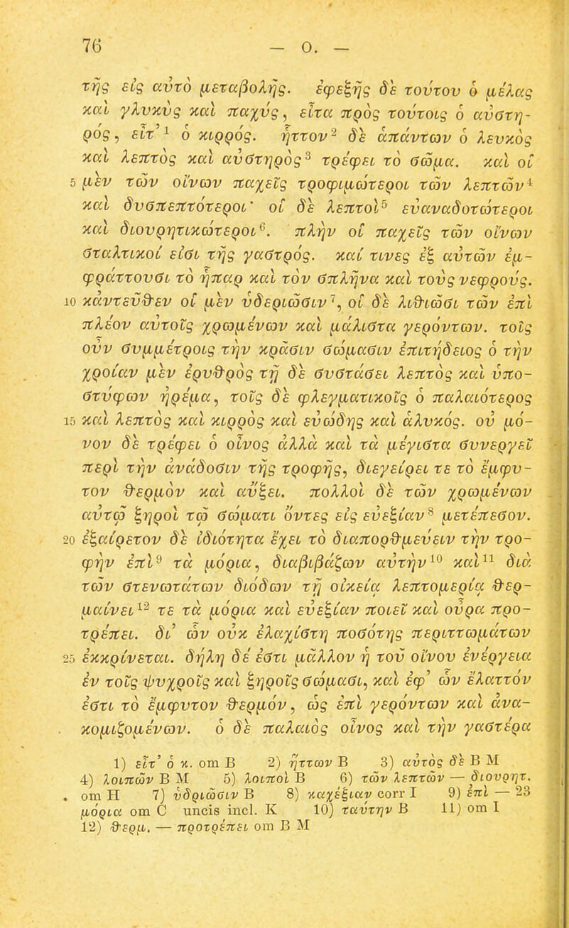 rrjg stg avto ^stajiolrjg. icps^rjg 8s tovtov & (lelag xal ylvnvg %al TCaivg ^ elta TtQog tovtoig 6 avGtrj- Qog, slt 1 6 xiQQog. rjttov^ ds aTtdvtav 6 XsvKog Jial XsTCtog xal avatrjQog^ tQscpsi to Ga^a. xal oC 0 (isv tuv OLvav 7ta%sig tQOcpt^LOitSQOL tc5v Xsntav ^ •Kal dvOTCSTttotsQOL' oi ds XsTCtoV svavadotcotSQOL xal diovQrjtLKcotSQOi'^. TcXrjv ot Ttaxstg tav otvcov ataXtLHOL slcSl trjg yaOtQog. xaL tLvsg avtav S(i- cpQattovGL to rjotaQ xal tov OitXrjva %al tovg vsgjQOvg. 10 xdvtSvQ-SV OC flSV vdSQLCO0LV \ OC ds XLd^LCOGL tav STti TtXsov avtotg %qg)(lsvg)v xal (idXtcSta ysQOvtcov. toig ovv 0V(i(istQOig tr}v ocQdOiv acS^iaGiv STtitijdsLog 6 ti^v IQoCav (isv SQvd^Qog trj ds GvGtdasL Xsntog ■x.al vno- Gtvcpcov riQS(ia.f totg ds cpXsyfiatiXOtg 6 TtaXaLOtSQog 15 Kcd XsTttdg xal XLQQog xal svcjdrjg jcal dXvxog. ov fio- vov ds tQscpsL 6 oivog dXXd •Kal td ^syLGta GvvsQyst TtSQl trjv dvddoGLV trjg tQoq^rjg., dLsysLQSL ts to s^cpv- tov d-SQfiov aal av^SL. TtoXXol ds tav xQ<^l^^vcov avt(p ^rjQol ta Gco^atL ovtsg slg svs^Cav ^ ^stSTtsGov. 20 s^aLQstov ds CdLotrjta s%sl to dLanoQd^^svsLV triv tQO- cprjv sjtl^ td (lOQLa, 8ia^i^dt,cav avtrjv^^ xaV^ did tcov Gtsvcotdtcov diodcov trj olxslcc XsittopLSQLa %-sq- liaCvsL^'^ ts td (lOQLa ocal svs^Cav Ttoist xal ovQa tcqo- tQSTtSi. 8l cov ovk sXaxcGtrj TCoGotrjg TtsQittco^idtcov 25 sxKQivstai. d^Xr] ds sGti (idXXov rj tov ol'vov svsQysLcc sv totg il^vxQOtg ocal ^rjQOig GcofiaGi, xal scp' cov sXattov SGti to Sficpvtov d^SQfiov, cog snl ysQovtcov nal ava- jco(iL^O(isvcov. 6 ds TCaXaidg oivog xal trjv yaGtSQa 1) slx' 6 X. om B 2) rjrzcov B 3) avrog ds B M 4) XoLTtdivBM 5) XoLTColB 6) xav Utcxcov — SiovQrtx. . om H 7) vSqicogiv B 8) v.ci%s^Lay corr I 9) ml — 23 (lOQia om C uncis incl. K 10} xavxriv B 11) om I 12) Q'EQii,. — nQOXQsnsL om B M