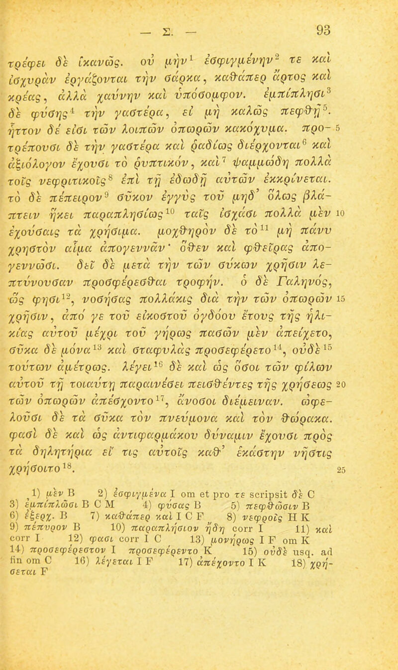 rQBcpH de Lxavag. ov {irjv^ iacpty^svrjv^^ rs xal iGivQav SQydt^ovtai rrjv aaQxa, xad-(X7CSQ aQtog aal xQsag, dUd %avvr]v nal VTCoGoficpov. s^nCiclriGi^ 8s (pvGYig^ rrjv yaGtSQa, si ^r] iiaXag Ttscpd-ij^. rjrrov ds sldi rav Xoiitav oitaQav %ajc6xv^a. tcqo- 5 rQSTCOvOi ds rrjv ya6rsQa 'xal QadCag diSQXovtai^ %ai d^ioXoyov siovGi ro Qvrcrixov^ xaV ipa^ficodr] %oXld rotg vsfpQinxolg^ stcI rri sdcodfj avrav sxxQovsrat. ro ds TtSTCstQov^ Cvytov syyvg rov ^rjd oAcjg /3Aa'- Tcrsiv rjxsi TCaQaTcXrjatag^^ tatg L6xd6t icoXld ^sv lo sxovcatg rd %Qi]0i^a. ^ox^rjQOv 6s ro^^ ^r] Tcdvv XQrj6r6v ai^a dicoysvvdv' odsv xat (pd^stQag aTCO- ysvvcoiji. dtt 8s ^srd rr]v tcov 6vxcov XQV^'''^ 7Crvvov6av 7CQ06(psQS6d-at rQocprjv. 6 ds FaXr^vog, ■ag (pr]0t^'^, vo6r]6ag TCoXXdxtg dtd rr]v rav otccoq^ov i5 XQfjdtv, djco ys rov sixoatov 6y86ov stovg trjg iqXt- %tag avtov ^s^Qt tov y^Qcag 7ca6av ^sv dTCStxsto, (iVKa ds ^6va^^ xat GtacpvXdg 7CQ06s^SQSto^'^, ovds^^ rovrav d^srQcog. Xsyst^^ 8s nat cog o(?ot r(av (ptXav avrov rrj rotavrr] TcaQatviast 7CSi6d^ivrsg rrjg xQr]6sag 20 Tcjv OTCaQav dTciaxovro^'', dvo6oi dti^stvav. acps- Xov(5i ds rd 6v%a rov TCvsv^ova xal rov d^cjQaxa. cpaal ds xal (og dvrt(paQfidxov dvvayav sxovGt TCQog rd 8r]Xr]rr]Qia st rtg at^rotg xctO'' ixdatrjv vrjartg XQr^aotro'^^. 25 ^l) iihv B 2) saqiLy(isva I om et pro te scripsit ds C 3) sfiTicTtlcoaL B C M 4) (pvaccg B 5) nscp&cjaLv B 6) i^iQX. B 7) Ka&dirsQ y.al I C F 8) vscpQOig H K 9) nsJtvQOV B 10) naQanhjaLOv Tjdri corr I 11) ■nai corr I 12) q^ttCL corr I C 13) (lovriQcos I F om K 14) nQoascpsQsaxov I nQoascpSQSvxo K 15) ov8s usq. ad - fin om C 16) 7.syszaL I F 17) dnsxovzo I K 18) vQri- aszuL F