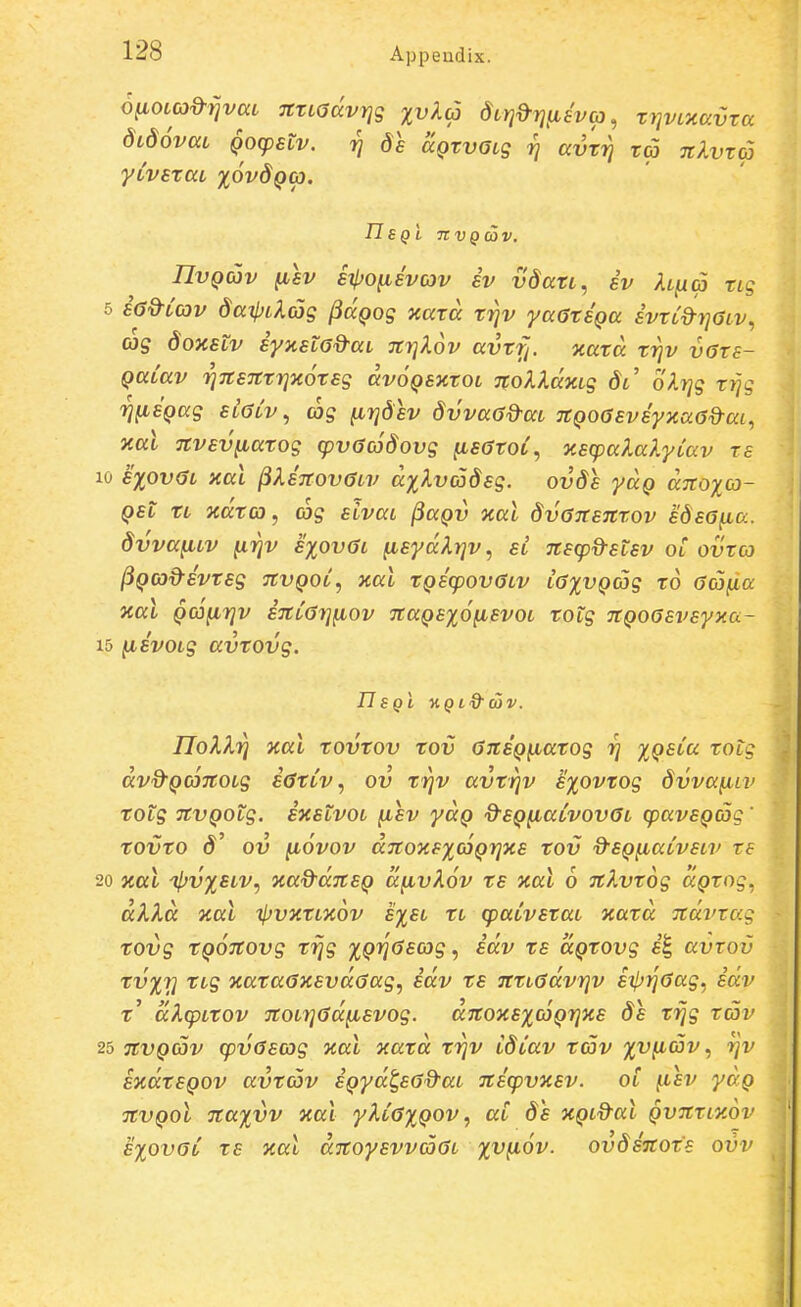 6fiOLC3d-i}vat TtzLadvrjg xv^a dLrj^rjfievip, trjVLxavTa dLdovaL Qocpstv. rj dh aQtvGLg rj avrri ra nlvxa yCvBxaL lov^QCi. IlEQi nVQCOV. UvQcov fisv stpotievcov sv vdau, sv At^ucj rig 5 sa&Lov datl^Lkcog (iaQog xatd trjv yaatSQa svtLd-rjOtv, ag doxsLv syxsto&aL rcrjXov avtf/. otatd triv vots- Qttiav tjTtSTttrjxotsg dvoQsxtOL TtoUdxLg (Jt' olrjg trjg rj^SQag sioCvag ^rjdsv dvvaOd-at TtQOOsvsyxaad-ai., xal Ttvsvfiatog (pvOadovg ^sOtoC^ xscpalakyCav ta 10 SX0V6L xai ^XsnovGLv dilvadsg. ov8s ydQ dutoxco- Qst TL xdtco, cog slvai ^aQv zal dvonsntov sdsG^a. dvva^LV ^rjv s%ovGl fisydkrjv, si nscp^stsv oC ovtcj ^QCod-svTsg nvQoi, xal TQscpovGLv iGxvQcog to Gcofia xal QOJfirjv sniGrjfiov naQSxofisvoL TOtg TtQOGsvsyxa- 15 fisvotg avTOvg. IloXXri xal tovtov tov GnsQfiarog rj XQ^^^ ^^^? dvd^QConoLg sGTiv, ov Trjv avvrjv sxovtog dvvafiiv totg itvQotg. sxstvoL fisv ydQ %-SQfiaivovGL cpavsQag' tovto d' ov (lovov dnoxsxcoQrjxs tov Q^SQfiaivstv re 20 xal il)vxsLV, xad^dnsQ dfivkov ts xal 6 itXvtog aQtog. dkXd xal ipvxtLXOv sxsl rt cpaivsTaL xard ndvtag tovg tQOTtovg ti]g xQV^^f^S ? ^(^t^ aQtovg s^ avtov tvxv T^^S xataGxsvdoag, sdv ts nttodvYjv sipi^Oag, sdv t' dlcpLtov noLrjOdfisvog. dnoxsxcoQrjxs ds trjg tcov 25 nvQcov cpvGscog xai xatd trjv Cdiav tcov x^ficov, rjv sxdtSQOV avtcov SQydt^sOd^aL nscpvxsv. ot (isv yaQ nvQoi naxvv xai yliOxQOv, at ds xQid^ai Qvnttxov sxovoi ts xai dnoysvvcoOL xvfiov. ovdsnots ovv