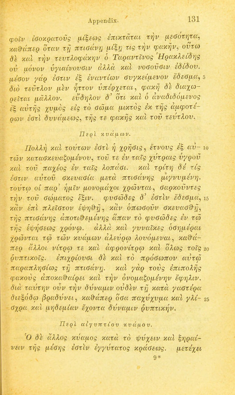 (poiv LaoxQcaovg ^u^scsg STtiztatat trjv fi€66tr]ta, xa&aTtSQ otav rfj ntLadv}] ^uif] ttg trjv cpaaijv, ovta de xcd trjv tsvtXocpdnriv 6 TaQavtlvog 'HQanXsLdrjg ov aovov vyLttCvovcjiv dlld ical voGovGlv idCdov. asaov ydQ satLv si, svavtCcav avyxsC^svov sdsa^a, 3 dio tsvtXov ^isv rjttov vTtsgxstat, cpaxrj ds dLaica- osLtca ^dXlov. svdr]^.ov d' oti xal 6 ccvadLdonsvog s^ avtrjg %v^6g stg to acofia ^LKtog sk trjg d^cpots- gav satl dvvccnscog, trjg ts cpaTc^g xal tov tsvtlov. IIsqI yivd(icav. noKXrj xal tovtav iatl rj %Qrjaig, hvovg i^ av- 10 Tcov 'AataaKSvalo^svov., tov ts iv taig %vtQaLg vyQov y.ccL tov 7ta%sog iv tatg XoTfdai. nal tQLtr] ds rCg iativ avtov axsvaaCcc ^std TttLadvrjg }iLyvv^svrj. tovta OL TtaQ' rjfiLV }iovo^d%Oi %Qcovtai^ aaQXOvvtsg trjv tov aco^atog s'i,iv. cpvaadsg d' iatlv sdsa^a^ 15 zdv STtl nXslatov sxl^rjd-rj^ adv oitaaovv aicsvaa&rj, tijg TttiadvYjg aTtotid^s^svrig dnav to cpvaadsg iv ttS trjg sit^ascog ^qovco. dXXd y.aX yvvaixsg oarj^iSQaL %Qcovtcci t<p tcov Kvd^cov dksvQcp Xovo^svai ^ aad^d- TtSQ dlXoi vCtQcp ts xal dcpQovCtQG) xal oXcog totg 20 ovTttLKOLg. i7ti%QCovai ds xai to TtQoacoTtov avtcp TtaQccTtXrjaCcog trj ittLadvri. xal yaQ tovg iitiTtoXrjg (paxovg dTtoxa&aCQSi xai trjv ovofia^o^svrjv scprjXiV. did tccvtrjv ovv trjv dvva^LV ovdsv tfj xatd yaatSQa dLS^6d(p ^Qadvvsi, xad^ditSQ 6aa 7ta%v%v}ia xal yXC- 25 a%Qa xai ^rjds^Cav s%ovta dvva^iv QVTttiXijV. IIsQi aiyvnxCov Kvdfiov. 'O ds dXXog xva^og xatd td tl}V%SLV xal ^rjQaC- vsiv trjg fisarjg iatlv iyyvtatog ZQdasag. (ists%et 9*