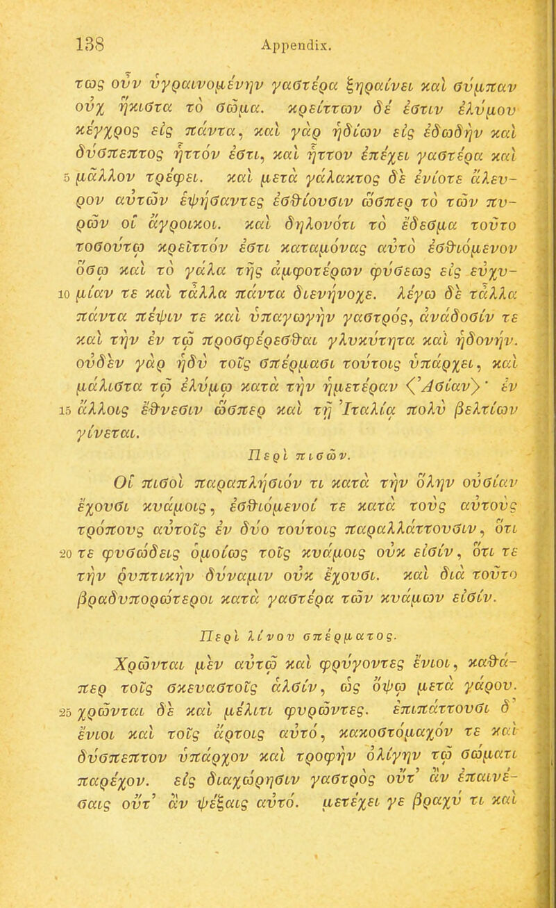 tcog ovv vyQaLvo^iv)]v yaateQa i,r}QaLVEL xal av^nav ovx yjnLGta to aa^a. nQELttav ds iatLv ilv^ov aeyxQog stg Ttavta, y.al yaQ rjdLav sig idcadrjv zal dvansTttog rjxtov iatL, Kal rjttov iTti%EL yaatSQa xai 5 {laKXov tQB(pSL. aal ^sta yakaxtog ds ivLOts alsv- Qov avtav sil^yjaavtsg iad^LOvaLv aansQ to tav itv- Qav OL dyQOLXOL. Tcal dtjkovotL to sdsa^ia tovto toaovta KQSLttov iatL xata^ovag avto ia^LO^svov oaa xal to ydXa trjg d^cpotSQOv cpvasag sig svxv- 10 ^Cav ts xal tdkXa Ttdvta Slsv^voxs. Xsyco 8s tdXlo: ndvta nsTpLv ts ■aal vjtaycoyrjv yaarpog, dvdSoaCv ts aal trjv iv ta TtQoacpSQsad-aL yXvxvtrjta Kai '^dovrjv. ovdsv yaQ '^dv totg ajtSQfiaaL tovtOLg VTtaQXEi, nal ^dhata ta iXv^c) xatd t^jv ri^stSQav K^^AaCavy' iv 15 dXkoLg sd^vsaLV aaitSQ nal tfj 'itaXCa noXv ^sXtCav yCvstat. IlSQi TClCaV. Ol TtLaoL TtaQaTtXtjaLOV tL Y.atd trjv oXrjv ovaCav s^ovaL nvd^oLg, iad-LO^svoC ts xatd tovg avtovg tQOTtovg avtotg iv dvo tovvoLg TtaQaXXdttovaLV ^ oti 20 ts cpvacodsLg ofioCcog totg Kvd^oLg ova siaCv, otL ts trjv QVTttLxrjv dvvafiLV ovz s%ovaL. xal did tovto ^QadvTtoQcotsQOL natd yaatSQa tcov xvdficov siaCv. IIsqI lCvov OTiEQnaxog. XQcavtaL ^sv avtcp xal cpQvyovtsg svlol, aad-d- TtSQ totg axsvaatotg dXaCv, cog oipa ^std ydQOv. 25 XQCOvtaL ds xal ^sXLtL (pvQcovtsg. inLTtdttovaL 8 svLOL xal totg aQtOLg avto, Kaxoato^aaxov ts xca dvansTttov vndQxov xal tQOcprjv oXCyrjv ta aco^ati TtaQSxov. sig SLaxo3Qr]aLv yaatQog ovt dv inaLvs- aaLg ovt dv xl>s^aLg avto. ustsxsL ys ^Qayv tL aal