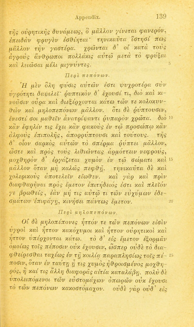 tijs ovQr}XLX))g dvvdfisas, o ^aXXov yCvsxai (pavsQOV^ iTtsiddv cpQvyhv sG&tTjraL' trjvL-Aavxa, tGtrjaL itcoq ^aXlov triv yaGtSQa. %QavtaL oi nata xovg ayQOvg avd-QCJTCOL noXldy.Lg avta {JLStd to cpQv^ai v.al XsLaaaL ^sIl fiLyvvvtsg. IlSQi 7t STtOV COV. 'H ^sv oXrj cpvaLg avtcov iaxL ■^v%QOXSQa avv vyQOtrjtL datpLlsL' QvntLXOV s%ovaL rt, dLO aal m- vovaLV ovQa xal dLS^SQxovxaL adxco xav xs zoXoxvv- d^cov xal ^rjXoTtSTCovcov ^alXov. oxl ds QvnxovaLV, svsaxL aoL (lad^siv dvaxQLipavxL QVTtaQov %Qaxa. Slo 'ndv scpYiXCv XLg s%sl xdv cpazovg sv xa TtQoacoTtc) 'x.av dkcpovg STtLTtoXrjg, dTtOQQVJtxovat xal xovxovg. xrjg <5' oiov aaQXog avxcov x6 ansQ^a Qvnxsi {idXXov^ coaxs xal TtQog xovg kLd^Lcovxag aQiiottSLV vscpQOvg, aoi&rjQov S' SQyd^staL xv^ov sv ta aco^atL xal ^dXXov otav fii] xaXcog TCScpQ'!^. trjVLxavta ds xal %oXsQL%ovg dnoxslsLV stco^sv. xal ydQ xal TtQLV diacpd-aQrjvaL Jtpog s^sxov imxrjdsLog iaxL xal TtXstov ys ^QCod^sCg, idv ^rj xLg avxa xl xav svxv^ov ids- afiaxojv iitLcpdyr}.) mvriasL ndvxcog sfistov. nSQL UrjlOTT STtOV COV. Ol 6s (irilonsTCovsg rjttov ts tcov Ttsjtovav sialv vyQol zal Tjttov xaxoxv^OL xal rjttov ovQrjtLxoi xai ijxxov VTtsQxovxaL xdtco. x6 d' slg s^sxov ii,OQndv ofioCcog xotg TCSTtoaLV ovx sxovaiv, coansQ ov8s x6 dta- cpd-sCQsad^aL xaxscog iv xr] xoLXCa TcaQaTtXrjaCcog xotg ics- TtoaLv^ oxav iv xavxT] 7] XLg xvf^^grjd-QOLa^svog ^ox^r]- Qog, rj xaC XLg dXlrj dLacpoQag aixCa xaxald^r]. nolv 8s vjcoXsL7to(isvoi xcov svaxofidxcov oncoQcov ovx 'ixovaL xo xcov Ttsnovcov xaxoaxofxaxov. ovds yaQ ovd' sig