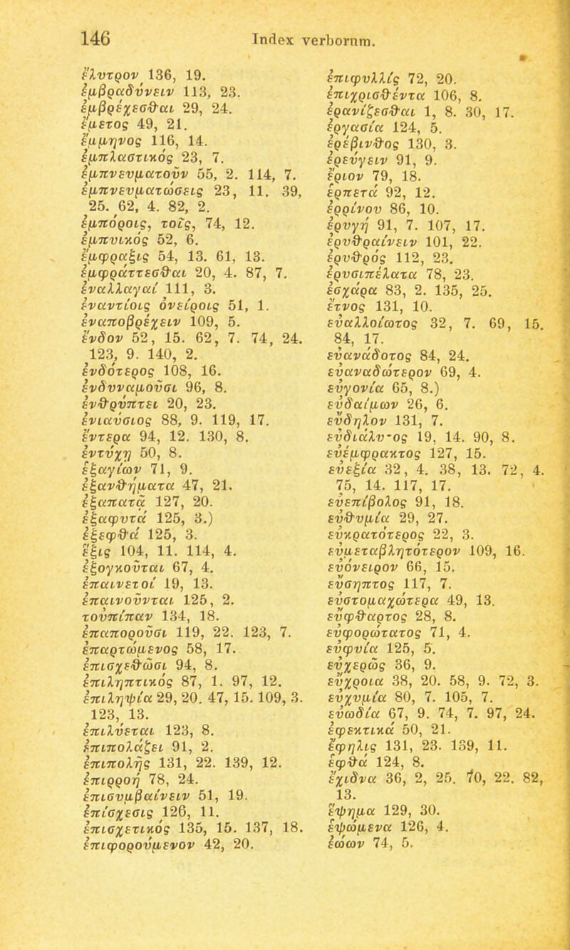 flvxQOV^ 136, 19. ^hPqcc8vvsiv 113, 23. su^QSxsG&aL 29, 24. ffiETOs 49, 21. su^rivog 116, 14. sfiTtlaatLKog 23, 7. siinvEVfiarovv 55, 2. 114, 7. s(invsv(iatc6asLg 23, 11. 39, 25. 62, 4. 82, 2. sfiTtoQOLg, Totg, 74, 12. ifiTCVL-iiog 52, 6. s(icpQal,Lg 54, 13. 61, 13. sficpQatrsa&aL 20, 4. 87, 7. svaXXayaC 111, 3. svavtioLg ovsiQOLg 51, 1. svano^QSxsLV 109, 5. IWov 52, 15. 62, 7. 74, 24. 123, 9. 140, 2. £1^^0T£^»0S 108, 16. svSvvafiovGi 96, 8. IvS^pUTTTEt 20, 23. svLavGLog 88, 9. 119, 17. svxsQa 94, 12. 130, 8. svtvxj] 50, 8. s^ayicov 71, 9. flai^iJ^TjjiiaTa 47, 21. slanata 127, 20. flaqpvTO? 125, 3.) slscp^d 125, 3. 104, 11. 114, 4. E^oy>tovTat 67, 4. STtaivsTOL 19, 13. snaLvovvxai 125, 2. xovTciitav 134, 18. fTrKTropovfft 119, 22. 123, 7. snaQtcofisvog 58, 17. ETrtc^f^O^ojffi 94, 8. snLlrjntL-nog 87, 1. 97, 12. snLXrjipia 29, 20. 47, 15. 109, 3. ^123,^ 13. snLlvsxaL 123, 8. snLnolcc^SL 91, 2. snLnolfjg 131, 22. 139, 12. SKLQQO^ 78, 24. snLOvfi^aivSLV 51, 19. inicxsGLg 126, 11. inLOxstiKog 135, 15. 137, 18. snLcpoQOVfisvov 42, 20. snLcpvlXig 72, 20. inLXQia&svta 106, 8. fpai/i^fff-S^ai 1, 8. 30, 17. iQyaaia 124, 5. fpfjSii^^og 130, 3. ipEvyfn; 91, 9. F^iiov 79, 18. SQnsTci 92, 12. iQQivov 86, 10. Ipvyif 91, 7. 107, 17. SQV&QaivsLv 101, 22. fV^a-pos 112, 23. iQvaLnslaxa 78, 23. iaxctQa 83, 2. 135, 25. sWoff 131, 10. svaXXoicoxog 32, 7. 69, 15 84, 17. svavcidotog 84, 24. svavadcotSQOv 69, 4. svyovia 65, 8.) svSaificov 26, 6. svSrjXov 131, 7. «■u^ta^-u-og 19, 14. 90, 8. ft5f|(AqBpo;MTOg 127, 15. svs^ia 32, 4. 38, 13. 72, 4. 75, 14. 117, 17. svsni^oXog 91, 18. sv&vnia 29, 27. svyiQatotSQOg 22, 3. svfisxa^XrjxotSQOv 109, 16. fuoVftpoi' 66, 15. svarjnxog 117, 7. £t;OTOfta;j;ci)Tfpo; 49, 13. svqi&agtog 28, 8. svcpoQcotazog 71, 4. svcpvia 125, 5. fu^ljEprag 36, 9. Eu^poia 38, 20. 58, 9. 72, 3. svxvfiia 80, 7. 105, 7. suco^ia 67, 9. 74, 7. 97, 24. icpsKxtKcc 50, 21. £(p/?;itg 131, 23. 139, 11. scp^c^ 124, 8. f^^t^fa 36, 2, 25. '/O, 22. 82, 13. stpr](ia 129, 30. s-ifxofisva 126, 4. Icocov 74, 5.