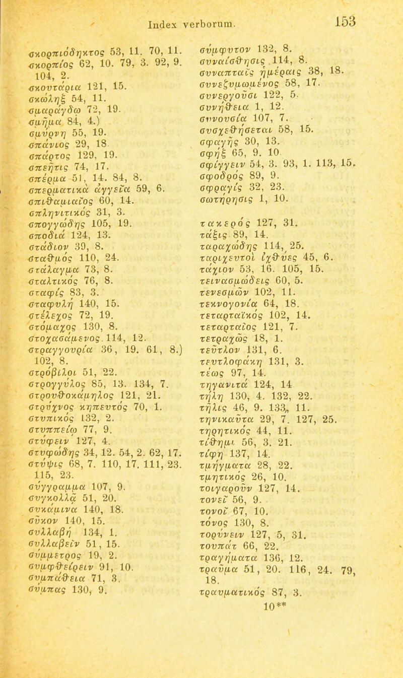 «MopTriodTjxTOff 53, 11. 70, 11. cMQJti'og 62, 10. 79, 3. 92, 9. 104, 2. CHOvtKQia 121, 15. OKCoXr]^ 54, 11. <;iLaQC(ySco 72, 19. <ju,rju,a 84, 4.) aiivQVTj 55, 19. CTtdvLOg 29, 18 cndQzog 129, 19. ansrjrig 74, 17. CTtSQaa 51, 14. 84, 8. GTtsQiiazLyid dyysta 59, 6. onL^ayiLaiog 60, 14. OTtXrivL%L%og 31, 3. GTtoyycodrjg 105, 19. anodLd 124, 13. azdSLOv 39, 8. tfra-^^iio? 110, 24. craAay^a 73, 8. <jrccATtKo'g 76, 8. aracpLS 83, 3. <T-raqpt)il?} 140, 15. atslsxog 72, 19. cro'/xaj;o5 130, 8. GTOxaadiisvog. 114, 12. <Trpcyyoupta 36, 19, 61, 8.) 102, 8. GZQOptXOL 51, 22. czQoyyvXog 85, 13. 134, 7. GTQOvQ-o^dfirjXog 121, 21. (rr^TJjji/o? K7]itsvz6g 70, 1. GrvTrtHo'? 132, 2. GTvnnsLcp 11, 9. ffTvqoftv 127, 4. GTVcpcoSrig 34, 12. .54, 2. 62, 17, GTV^Lg 68, 7. 110, 17. 111, 23. 115, 23. cvyyQaiiiia 107, 9. cvyv.oXXa 51, 20. cvyidfiLva 140, 18. Gvy.ov 140, 15. ct^iia^/y 1.34, 1. avXXa^SLV 51, 15. Gvu,(iszQog 19, 2. GVflCp&SlQSLV 91, 10. Gvnndd-SLa 71, 3. GvuLnag 130, 9, ovfiqDvroi' 132, 8, ff-Ufaiff-S^rjfftS . 114;, 8. GvvanzaCg rjfiSQaig 38, 18. ffwsJ^ufiwafvog 58, 17. ffyvapyoOfft 122, 5. ffuvTj^Ssia 1, 12. GvvovGLa 107, 7. ffuff^ffS^TffffTat 58, 15. ffqoay^S 30, 13. ffqjjjl 65, 9, 10. GcpiyysLV 54, 3. 93, 1. 113, 15. GcpoSQog 89, 9. ffqppayis 32, 23. GcozrjQrjGLg 1, 10. Ta5i£po's 127, 31, Ta^is 89, 14. TaQa%coSrig 114, 25, zaQLxsvTOL i%&vsg 45, 6. zdxLov 53, 16. 105, 15, zsLvacficoSsLg 60, 5, TSVSGflCOV 102, 11, TEMvoyofta 64, 18. TfTapTat'5to's 102, 14. TSTaprato? 121, 7. zsxQaxmg 18, 1. teutAoi' 131, 6. zsvzXocpdy.r] 131, 3, Ttcog 97, 14. zrjyavLzd 124, 14 Tjf-lTj 130, 4. 132, 22. zfjXLg 46, 9, 133„ 11. zrjVL-navza 29, 7. 127, 25. rrjQrjZLyiog 44, 11. ZL9-^fii. 56, 3. 21. Ttqp?] 137, 14. zfnjyfiaza 28, 22. T/LtTJTtHOS 26, 10. zoLyaQOvv 127, 14. zovsL 56, 9. Tovot 67, 10. Tovos 130, 8. Topwfir 127, 5, 31. zovndz 66, 22. TQayrjfiaza 130, 12. TQavfjLa 51, 20. 116, 24, 79, 18. ZQavfiazLnog 87, 3. 10**