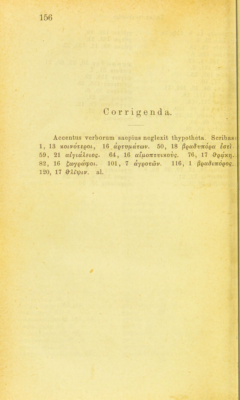 Corrigenda. Accentus verborum saepius neglexit thypotheta. Scribas 1, 13 'noLVOTSQOi, 16 aQxviittTcov. 50, 18 ^QttdvTtOQa fffrt 59, 21 alyLiiXsLog. 64, 16 aiiLomvLyiovg. 76, 17 -S^paxTj. 82, 16 ^coyQacpoL, 101, 7 aYQOxmv. 116, 1 ^QttdLJCOQog. 120, 17 &XL1PIV. al.