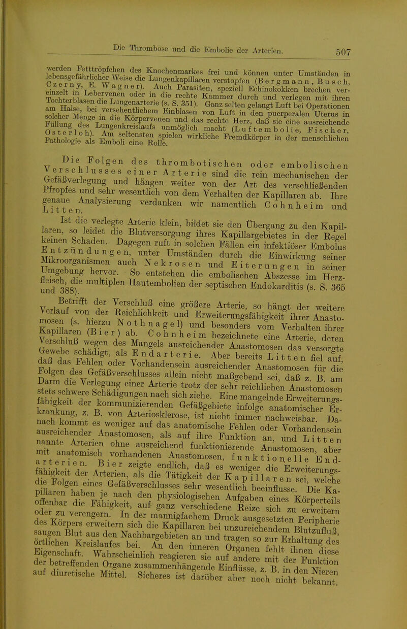iretaeIhrHnhS w ^% ^«^l^^^^^kea frei und können unter Umständen in C Zern V F W f LungeakapiUaren verstopfen (B e r g m a n n , B u s c h, .1^7% J't\ Wagner). Auch Parasiten, speziell Echinokokken brechen ver' TochLbL^n Z'^^^^ ^ die rechte Kammer durch und verlegen mit ihren tSS h L^ingenarterie (s. S. 351). Ganz selten gelangt Luft bli Operationen solh?r IweNrÄ^''^' ^'^^T^ ^f* in den puerperalen Uterus iS Sluna def lunint '?''r''^'' ^ii^' H«^^' «'« eine ausreichende 0 s t ef 1 o M A^iff'^r^' unmöglich macht (Luftembolie. Fischer, ?athdogl°aJs E^S^dfSnf Rolll'' '^'^^^^ Fremdkörper in der menschlichen Die Polgen des thrombotisclien oder embolischen Pp^R 1 ''^'/'.'^^'^ Arterie sind die rein mechanisclien der vioXf^T^l. ^!r^f ^'^^'^ verschließenden Plropfes und sehr wesentlich von dem Verhalten der KapiUaren ab. Ihre genaue Analysierung verdanken wir namentlich Cohnheim und J-i 111 e n. Ist die verlegte Arterie Idein, bildet sie den Übergang zu den Kapil- ke^e; il^-« Kapillargebitfs in der Eegel keinen Schaden. Dagegen ruft m solchen Fällen ein infektiöser Embolus Entzündungen, unter Umständen durch die Einwirkung seiner Mikroorganismen auch Nekrosen und Eiterungen ?n se ner Umgebung hervor. So entstehen die embohschen Absfesse m Herz- und 388^ Hautembolien der septischen Endokarditis (s. S. 365 V..lf f^7 l'^'^H^. 8°^«^^ ^t^«' so hängt der weitere most (s'^Lr^u /^^^^^^ T Erweiterungsfähigkeit'ihrer Anas! mosen (s. hierzu Nothnagel und besonders vom Verhalten ihrer Kapillaren (B 1 e r ) ab. Cohnheim bezeichnete eine ArS deren cZb TF^ ^? ausreichender Anastomosen das veVsoX Gewebe schadigt, als E n d a r t e r i e. Aber bereits Litte n fiel auf FoLrf'/'r'r«^ y-handensein ausreichender Anas omosen ft dt Darm d?rv 1 '^^'''^^^'f' ^^^ ^'^^ maßgebend sei, daß z. R am s^ets schwill 1^ ^'T' reichlichen Anastomose^ stets schwere Schädigungen nach sich ziehe. Eine mangelnde Erweiterunr SS^t zb voTAT'^fr ^^^äßg^^-*^ -folgte anatoSeri : ^ankung, z B. von Arteriosklerose, ist nicht immer nachweisbar Da nach kommt es weniger auf das anatomische Fehlen oder Vorhandensein ausreichender Anastomosen, als auf ihre Funktion an und T f tT! nannte Arterien ohne ausreichend funktionLrSe ISkstols^n ab.r mit anatomisch vorhandenen Anastomosen, f unk frueTle E nd i-^ V-IT ^^d^^^^' daß es weniger ie ErweLruni fahigkeit der Arterien, a s die Tätigkeit der X a n il 1 7. ^rweiterungs- offinb? ^ Vu- T'^ physiologischen Aufgaben eines Körpert^ offenbar die Fähigkeit, auf ganz verschiedene Reize sich zu Zeitern auf d^uretiache Mittel. Sichere» ist Irttb^f tH^^h^liTht^^Ä