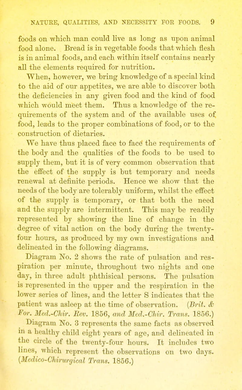 foods on whicli man conld live as long as upon animal food alone. Bx'ead is in vegetable foods that wliicli flesli is in animal foods, and each within itself contains nearly all the elements required for nutrition. When, however, we bring knowledge of a special land to the aid of our appetites, we are able to discover both the deficiencies in any given food and the kind of food which would meet them. Thus a knowledge of the re- quirements of the system and of the available uses of food, leads to the proper combinations of food, or to the construction of dietaries. We have thus placed face to face the requirements of the body and the qualities of the foods to be used to suj)ply them, but it is of very common observation that the effect of the supply is but temporary and needs renewal at definite periods. Hence we show that the needs of the body are tolerably uniform, whilst the effect of the supply is temporary, or that both the need and the supply are intermittent. This may be readily represented by showing the line of change in the degree of vital action on the body during the twenty- four hours, as produced by my own investigations and delineated in the following diagrams. Diagram No. 2 shows the rate of pulsation and res- piration per minute, throughout two nights and one day, in three adult phthisical persons. The pulsation is represented in the upper and the respiration in the lower series of lines, and the letter S indicates that the patient was asleep at tlie time of observation. (JBWi. & For. Med.-CMr. Rev. 1856, and Med.-CMr. Trans. 1856.) Diagram No. 3 represents the same facts as observed m a healthy child eight years of age, and delineated in the cu-cle of the twenty-four hours. It includes two lines, which represent the observations on two days. {Medico-CMrurrjical Trans. 1856.)