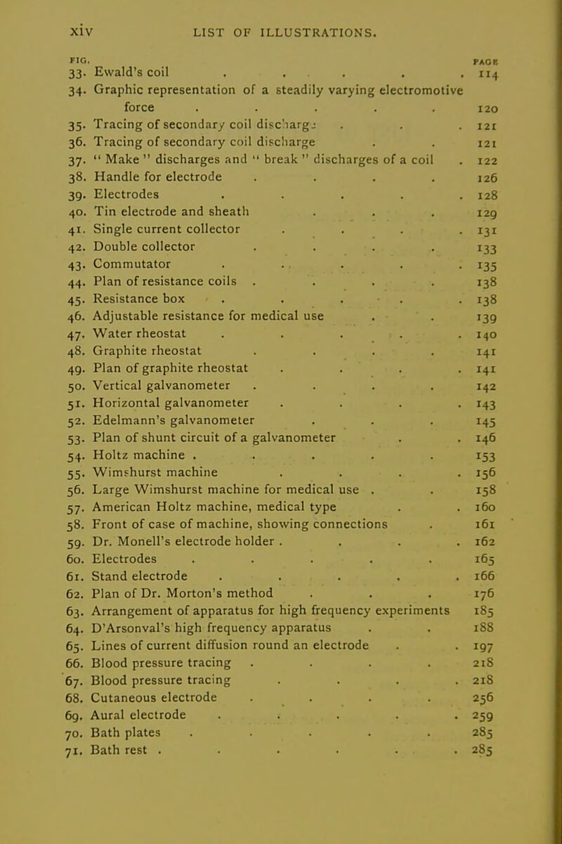 FIG. PACE 33. Ewald's coil . ... . .114 34. Graphic representation of a steadily varying electromotive force ..... 120 35. Tracing of secondary coil disc'iargj . . . 121 36. Tracing of secondary coil discliarge . . 121 37.  Make  discharges and  break  discharges of a coil . 122 38. Handle for electrode .... 126 39. Electrodes . . . . .128 40. Tin electrode and sheath . . 129 41. Single current collector .... 131 42. Double collector .... 133 43. Commutator . . . . . 135 44. Plan of resistance coils .... 138 45. Resistance box . , . . . 138 46. Adjustable resistance for medical use . . 139 47. Water rheostat . . . . .140 48. Graphite rheostat .... i4r 49. Plan of graphite rheostat .... 141 50. Vertical galvanometer .... 142 51. Horizontal galvanometer .... r43 52. Edelmann's galvanometer . . . 145 53. Plan of shunt circuit of a galvanometer . . 146 54. Holtz machine ..... 153 55. Wimshurst machine .... 156 56. Large Wimshurst machine for medical use . . 158 57. American Holtz machine, medical type . . 160 58. Front of case of machine, showing connections . 161 59. Dr. Monell's electrode holder .... 162 60. Electrodes ..... 165 61. Stand electrode ..... 166 62. Plan of Dr. Morton's method . . . 176 63. Arrangement of apparatus for high frequency experiments 185 64. D'Arsonval's high frequency apparatus . . 188 65. Lines of current diffusion round an electrode . . 197 66. Blood pressure tracing .... 21S 67. Blood pressure tracing .... 218 68. Cutaneous electrode .... 256 6g. Aural electrode ..... 259 70. Bath plates ..... 285 71. Bath rest . . . . . . 2S5