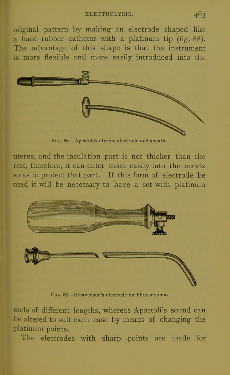 original pattern by making an electrode shaped like a hard rubber catheter with a platinum tip (fig. 88). The advantage of this shape is that the instrument is more flexible and more easily introduced into the Fig. 87.—ApostoU's uterine electrode and sheath. uterus, and the insulation part is not thicker than the rest, therefore, it can enter more easily into the cervix so as to protect that part. If this form of electrode be used it will be necessary to have a set with platinum Fig. 88.—Steavenson's electrode for fibro-myoma. ends of different lengths, whereas Apostoli's sound can be altered to suit each case by means of changing the platinum points. The electrodes with sharp points are made for