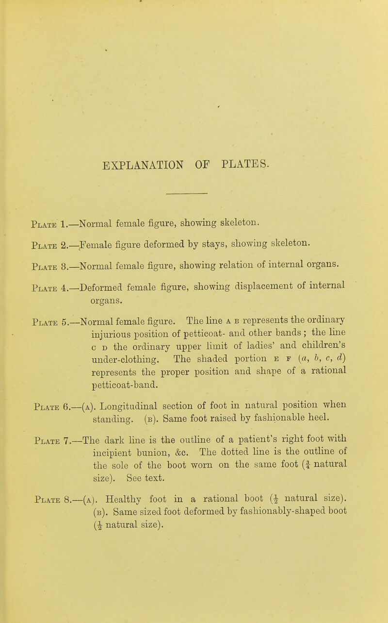 4 EXPLANATION OF PLATES. Plate 1.—Normal female figure, showing skeleton. Plate 2—Female figure deformed by stays, showing skeleton. Plate 3.—Normal female figure, showing relation of internal organs. Plate 4.—Deformed female figure, showing displacement of internal organs. Plate 5.—Normal female figure. The line a b represents the ordinary injurious position of petticoat- and other bands ; the Ime c D the ordinary upper limit of ladies' and children's under-clothing. The shaded portion e f [a, h, c, d) represents the proper position and shape of a rational petticoat-band. Plate 6.—(a). Longitudinal section of foot in natural position when standing, (b). Same foot raised by fashionable heel. Plate 7.—The dark hne is the outline of a patient's right foot with incipient bunion, &c. The dotted line is the outline of the sole of the boot worn on the same foot (| natural size). See text. Plate 8.—(a). Healthy foot in a rational boot natural size). (b). Same sized foot deformed by fashionably-shaped boot natural size).