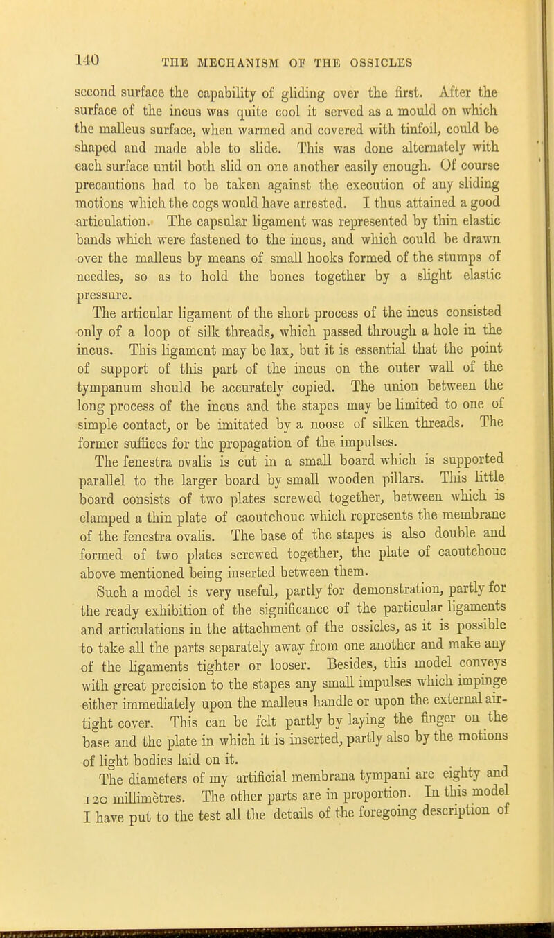 second surface the capability of gliding over the first. After the surface of the incus was quite cool it served as a mould on which the malleus surface, when warmed and covered with tinfoil, could be shaped and made able to slide. This was done alternately with each surface until both slid on one another easily enough. Of course precautions had to be taken against the execution of any sliding motions which the cogs would have arrested. I thus attained a good articulation. The capsular ligament was represented by thin elastic bands which were fastened to the incus, and which could be drawn over the malleus by means of small hooks formed of the stumps of needles, so as to hold the bones together by a sUght elastic pressure. The articular ligament of the short process of the incus consisted only of a loop of silk threads, which passed through a hole in the incus. This ligament may be lax, but it is essential that the point of support of this part of the incus on the outer wall of the tympanum should be accurately copied. The union between the long process of the uicus and the stapes may be limited to one of simple contact, or be imitated by a noose of silken threads. The former suf&ces for the propagation of the impulses. The fenestra ovalis is cut in a small board which is supported parallel to the larger board by small wooden pillars. This little board consists of two plates screwed together, between which is clamped a thin plate of caoutchouc which represents the membrane of the fenestra ovahs. The base of the stapes is also double and formed of two plates screwed together, the plate of caoutchouc above mentioned being inserted between them. Such a model is very useful, partly for demonstration, partly for the ready exhibition of the significance of the particular ligaments and articulations in the attachment of the ossicles, as it is possible to take all the parts separately away from one another and make any of the ligaments tighter or looser. Besides, this model conveys with great precision to the stapes any small impulses which impmge either immediately upon the malleus handle or upon the external air- tight cover. This can be felt partly by laying the finger on the base and the plate in which it is inserted, partly also by the motions of light bodies laid on it. The diameters of my artificial membrana tympani are eighty and 130 miUimetres. The other parts are in proportion. In this model I have put to the test all the details of the foregoing description of