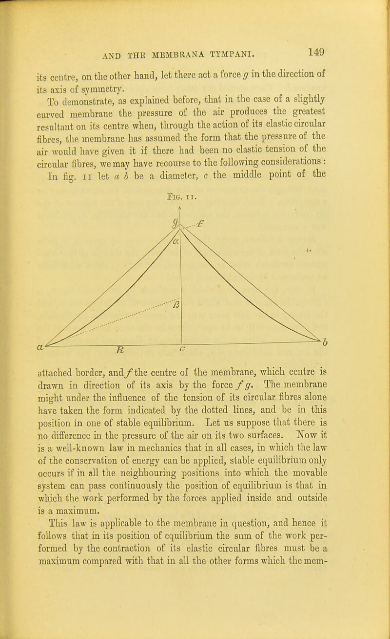 its centre, on the other hand, let there act a force g in the direction of its axis of symmetry. To demonstrate, as explained before, that in the case of a slightly curved membrane the pressure of the air produces the greatest resultant on its centre when, through the action of its elastic circular fibres, the membrane has assumed the form that the pressure of the air would have given it if there had been no elastic tension of the circular fibres, we may have recourse to the following considerations : In fig. II let « be a diameter, c the middle point of the Fig. II. attached border, and /the centre of the membrane, which centre is drawn in direction of its axis by the forceThe membrane might under the influence of the tension of its circular fibres alone have taken the form indicated by the dotted lines, and be in this position in one of stable equilibrium. Let us suppose that there is no difference in the pressure of the air on its two surfaces. Now it is a weU-known law in mechanics that in all cases, in which the law of the conservation of energy can be applied, stable equilibrium only occurs if in aU the neighbouring positions into which the movable system can pass continuously the position of equilibrium is that in which the work performed by the forces applied inside and outside is a maximum. Tills law is applicable to the membrane in question, and hence it foUows that in its position of equilibrium the sum of the work per- formed by the contraction of its elastic circular fibres must be a maximum compared with that in all the other forms which the mem-