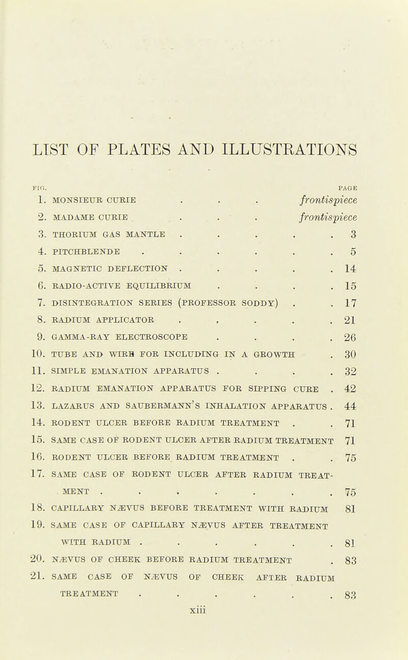 LIST OF PLATES AND ILLUSTRATIONS Fir,. PAGE 1. MONSIEUR CURIE . . . frontispiece 2. MADAME CURIE . . . frontispiece 3. THORIUM GAS MANTLE . . . . .3 4. PITCHBLENDE . . . . . .5 5. MAGNETIC DEFLECTION . . . . .14 6. RADIO-ACTIVE EQUILIBRIUM . . . .15 7. DISINTEGRATION SERIES (PROFESSOR SODDY) . .17 8. RADIUM APPLICATOR . , . . .21 9. GAMMA-RAY ELECTROSCOPE . . . .26 10. TUBE AND WIRH FOR INCLUDLNG IN A GROWTH . 30 11. SIMPLE EMANATION APPARATUS . . . .32 12. RADIUM EMANATION APPARATUS FOR SIPPING CURE . 42 13. LAZARUS AND SAUBERMANN'S INHALATION APPARATUS . 44 14. RODENT ULCER BEFORE RADIUM TREATMENT . . 71 15. SAME CASE OF RODENT ULCER AFTER RADIUM TREATMENT 71 16. RODENT ULCER BEFORE RADIUM TREATMENT . . 75 17. SAME CASE OP RODENT ULCER AFTER RADIUM TREAT- . MENT . . . . . . .75 18. CAPILLARY N^VUS BEFORE TREATMENT WITH RADIUM 81 19. SAME CASE OF CAPILLARY N^VUS AFTER TREATMENT WITH RADIUM . . . . . .81 20. N^VUS OF CHEEK BEFORE RADIUM TREATMENT . 83 21. SAME CASE OF N/EVUS OF CHEEK AFTER RADIUM TREATMENT . . . . . .83