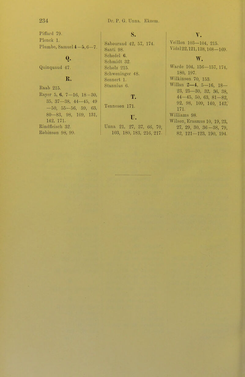 Piffard 79. Plenclc 1. Plumbe, Samuel4—5,6—7. Qiiinquaud 47. Eaab 215. Rayer 5, 6, 7-16, 18-30, 35, 37—38, 44—45, 49 —50, 55-56, 59, 63, 80—83, 98, 109, 131, 142, 171. Rindfleisch 32. Robinson 98, 99. S. Sabouraud 42, 57, 174. Santi 98. Schedel G. Schmidt 32. Scholz 215. Schweninger 48. Sennert 1. Stannius 6. T. Tenneson 171. TJ. Unna 21, 27, 37, 66, 70, 103, 180, 183, 216, 217- V. Veillon 103—104, 215. Vidal22,12l,138,168—169. w. Warde 104, 156—157, 174, 180, 197. Wilkinson 70, 153. Willan 2—4, 5—16, 18— 23, 25—30, 32, 36, 38, 44-45, 50, 63, 81-82, 92, 98, 109, 140, 142, 171. Williams 98. Wilson, Erasmus 10, 19, 23, 27, 29, 30, 36—38, 79, 82, 121—123, 190, 194.