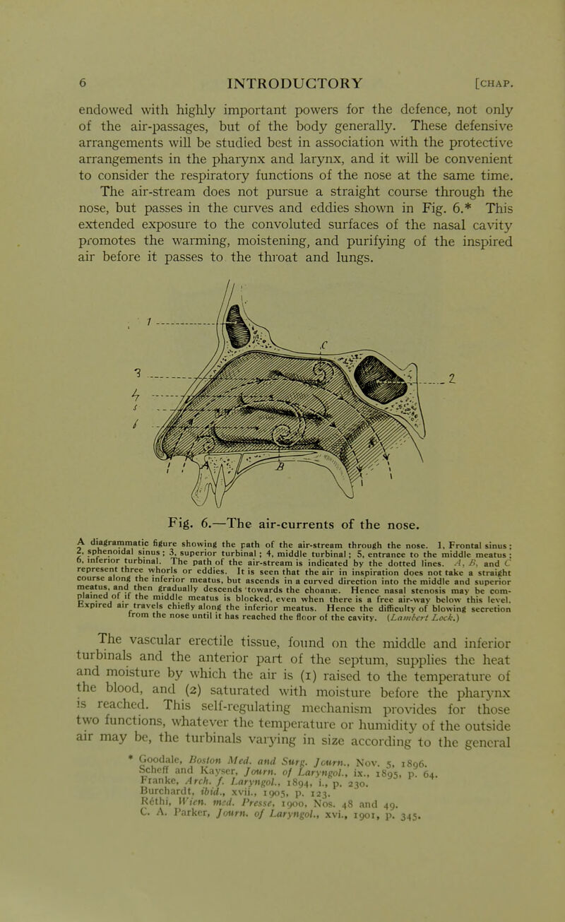 endowed with highly important powers for the defence, not only of the air-passages, but of the body generally. These defensive arrangements will be studied best in association with the protective arrangements in the pharynx and larynx, and it will be convenient to consider the respiratory functions of the nose at the same time. The air-stream does not pursue a straight course through the nose, but passes in the curves and eddies shown in Fig. 6.* This extended exposure to the convoluted surfaces of the nasal cavity promotes the warming, moistening, and purifying of the inspired air before it passes to the throat and lungs. ...1 Fig. 6.—The air-currents of the nose. A diagrammatic figure showing the path of the air-stream through the nose. 1. Frontal sinus; £, sphenoidal sinus; 3, superior turbinal ; 4, middle turbinal; 5, entrance to the middle meatus ; 6, interior turbinal. The path of the air-stream is indicated by the dotted lines. A. B. and C represent three whorls or eddies. It is seen that the air in inspiration does not tal<e a straight course along the inferior meatus, but ascends in a curved direction into the middle and superior meatus, and then gradually descends towards the choanos. Hence nasal stenosis may be com- plained ol It the middle meatus is blocked, even when there is a free air-way below this level. Expired air travels chiefly along the inferior meatus. Hence the difficulty of blowing secretion Irom the nose until it has reached the floor of the cavity. (Lambert Lock.) The vascular erectile tissue, found on the middle and inferior turbmals and the anterior part of the septum, supplies the heat and moisture by which the air is (i) raised to the temperature of the blood, and (2) saturated with moisture before the pharynx IS reached. This self-regulating mechanism provides for those two functions, whatever the temperature or humidity of the outside air may be, the turbinals varying in size according to the general * Goodale, Boston Med. and Surg. J cum., Nov. 5, 1806. bcheff and Kayser, Joit-rn. of Laryngol., ix., 1895, p. 64. tranke. Arch. f. Laryngol., 1894, i., p. 230. Burchardt, ibid., xvii., 1905, p. 123. R6thi, Wicn. mrd. Prcsse, 1900, Nos. 48 and 49. C. A. Parker, Journ. 0/ Laryngol., xvi., 1901, p. 345.