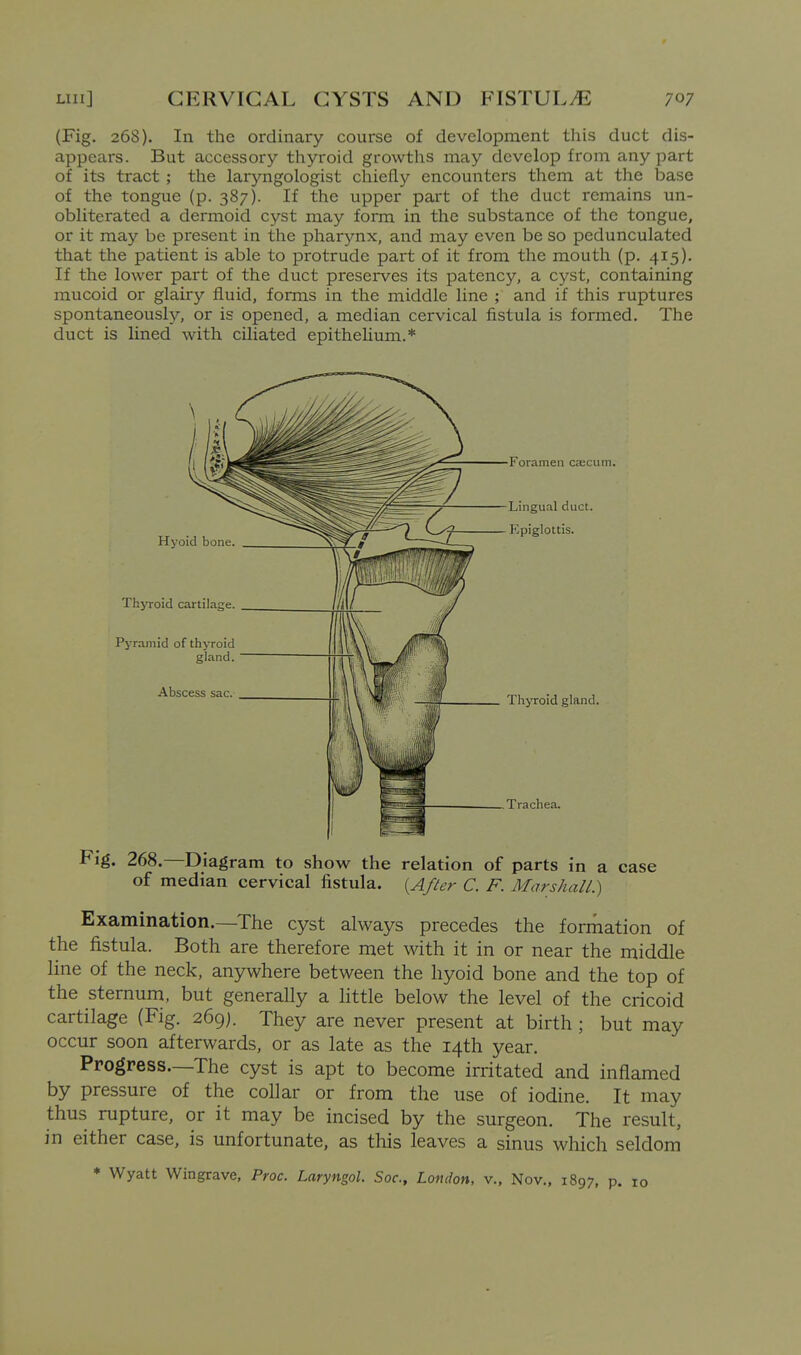 (Fig. 26S). In the ordinary course of development this duct dis- appears. But accessory thyroid growtlis may develop from any part of its tract ; the laryngologist chiefly encounters them at the base of the tongue (p. 387). If the upper part of the duct remains un- obliterated a dermoid cyst may form in the substance of the tongue, or it may be present in the pharynx, and may even be so pedunculated that the patient is able to protrude part of it from the mouth (p. 415). If the lower part of the duct preserves its patency, a cyst, containing mucoid or glairy fluid, forms in the middle line ; and if this ruptures spontaneously, or is opened, a median cervical fistula is formed. The duct is Hned with ciliated epithelium.* Hyoid bone Thyroid cartilage. Pyramid of thyroid gland. Abscess sac. Foramen CKCum. Lingual duct. Epiglottis. Thyroid gland. Trachea. Fig. 268.—Diagram to show the relation of parts in a case of median cervical fistula. {After C. F. Marshall.) Examination.—The cyst always precedes the formation of the fistula. Both are therefore met with it in or near the middle line of the neck, anywhere between the hyoid bone and the top of the sternum, but generally a Httle below the level of the cricoid cartilage (Fig. 269). They are never present at birth ; but may occur soon afterwards, or as late as the 14th year. Progress—The cyst is apt to become irritated and inflamed by pressure of the collar or from the use of iodine. It may thus rupture, or it may be incised by the surgeon. The result, in either case, is unfortunate, as this leaves a sinus which seldom * Wyatt Wingrave, Proc. Laryngol. Soc, London, v., Nov., 1897, p. 10