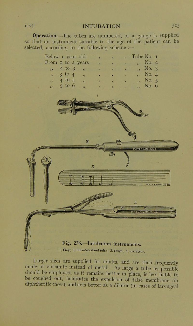 Operation.—The tubes are numbered, or a gauge is supplied so that an instrument suitable to the age of the patient can be selected, according to the following scheme :— Below I year old From I to 2 years » 2 to 3 „ 3 to 4 4 to 5 „ 5 to 6 > t Tube No. I „ No. 2 No. 3 „ No. 4 No. 5 „ No. 6 Fig. 276.—Intubation instruments. 1, Gag; 2, introducer and tub 2 ; 3, gauge ; 4, extractor. Larger sizes are supphed for adults, and are then frequently made of vulcanite instead of metal. As large a tube as possible should be employed, as it remains better in place, is less liable to be coughed out, facilitates the expulsion of false membrane (in diphtheritic cases), and acts better as a dilator (in cases of laryngeal