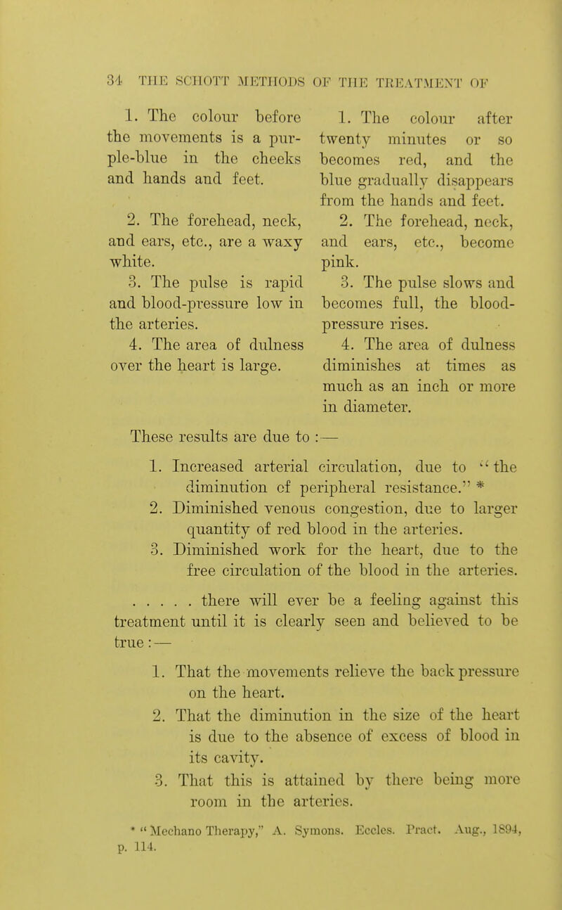 1. The colour before the movements is a pur- ple-blue in the cheeks and hands and feet. 2. The forehead, neck, and ears, etc., are a waxy white. 3. The pulse is rapid and blood-pi'essure low in the arteries. 4. The area of dulness over the heart is large. These results are due to 1. The colour after twenty minutes or so becomes red, and the blue gradually disappears from the hands and feet. 2. The forehead, neck, and ears, etc., become pink. 3. The pulse slows and becomes full, the blood- pressure rises. 4. The area of dulness diminishes at times as much as an inch or more in diameter. 1. Increased arterial circulation, due to 'the diminution of peripheral resistance. * 2. Diminished venous congestion, due to larger quantity of red blood in the arteries. 3. Diminished work for the heart, due to the free circulation of the blood in the arteries. there will ever be a feeling against this treatment until it is clearly seen and believed to be true: — 2. o That the movements relieve the backpressure on the heart. That the diminution in the size of the heart is due to the absence of excess of blood in its cavity. That this is attained by there being more room in the arteries. •  Mechano Therapy, A. Syraons. Ecclcs. Pract. Aug., 1894, p. 114.