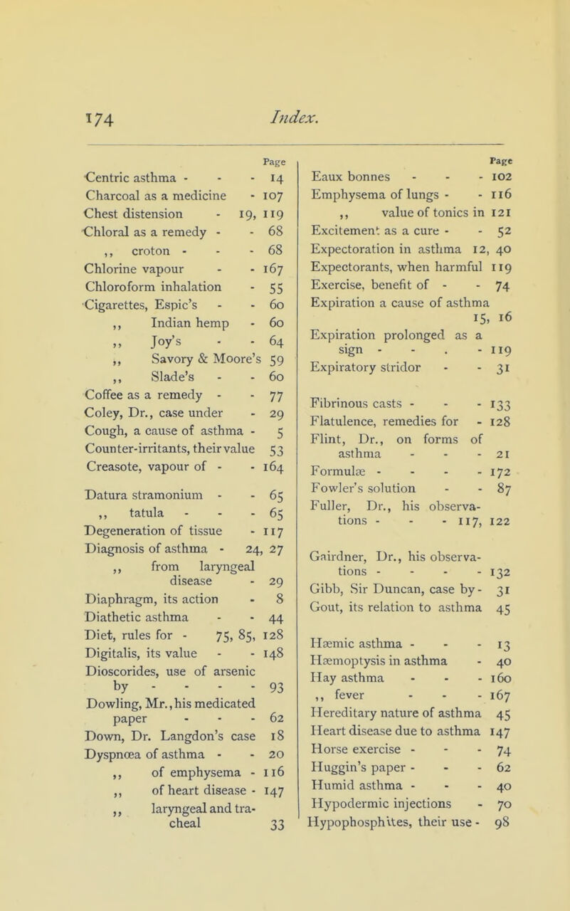 Page •Centric asthma - - - 14 Charcoal as a medicine - 107 Chest distension - 19, 119 Chloral as a remedy - - 68 ,, croton - - - 68 Chlorine vapour - - 167 Chloroform inhalation - 55 •Cigarettes, Espic's - - 60 Indian hemp - 60 „ Joy's - - 64 Savory & Moore's 59 Slade's - - 60 Coffee as a remedy - - 77 Coley, Dr., case under - 29 Cough, a cause of asthma - 5 Counter-irritants, their value 53 Creasote, vapour of - - 164 Datura stramonium - - 65 ,, tatula - - - 65 Degeneration of tissue - 117 Diagnosis of asthma • 24, 27 from laryngeal disease - 29 Diaphragm, its action - 8 Diathetic asthma - • 44 Diet, rules for - 75, 85, 128 Digitalis, its value - - 148 Dioscorides, use of arsenic by - . - - 93 Do'wling, Mr.,his medicated paper - - - 62 Down, Dr. Langdon's case 18 Dyspnoea of asthma - - 20 of emphysema - 116 of heart disease - 147 ,, laryngeal and tra- cheal 33 Page Eaux bonnes - - - 102 Emphysema of lungs - - 116 ,, value of tonics in 121 Excitement; as a cure - - 52 Expectoration in asthma 12, 40 Expectorants, when harmful 119 Exercise, benefit of - - 74 Expiration a cause of asthma 15. 16 Expiration prolonged as a sign - - . - 119 Expiratory stridor - - 31 Fibrinous casts - - - 133 Flatulence, remedies for - 128 Flint, Dr., on forms of asthma - - - 21 Formulas - - - - 172 Fowler's solution - - 87 Fuller, Dr., his observa- tions - - - 117, 122 Gnirdner, Dr., his observa- tions - - - - 132 Gibb, Sir Duncan, case by- 31 Gout, its relation to asthma 45 Htemic asthma - - - 13 Haemoptysis in asthma - 40 Hay asthma - - - 160 ,, fever - - - 167 Hereditary nature of asthma 45 Heart disease due to asthma 147 Horse exercise - - - 74 Huggin's paper - - - 62 Humid asthma - - - 40 Hypodermic injections - 70 Hypophosphxtes, their use - 98
