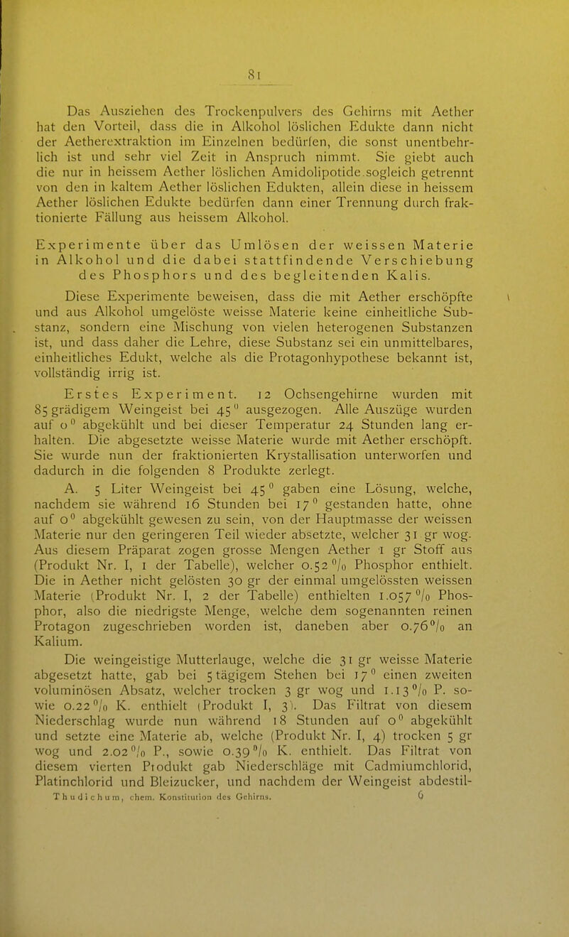 Si Das Ausziehen des Trockenpulvers des Gehirns mit Aether hat den Vorteil, dass die in Alkohol löslichen Edukte dann nicht der Aetherextraktion im Einzelnen bedürfen, die sonst unentbehr- lich ist und sehr viel Zeit in Anspruch nimmt. Sie giebt auch die nur in hcissem Aether löslichen Amidolipotide.sogleich getrennt von den in kaltem Aether löslichen Edukten, allein diese in heissem Aether löslichen Edukte bedürfen dann einer Trennung durch frak- tionierte Fällung aus heissem Alkohol. Experimente über das Um lösen der weissen Materie in Alkohol und die dabei stattfindende Verschiebung des Phosphors und des begleitenden Kalis. Diese Experimente beweisen, dass die mit Aether erschöpfte und aus Alkohol umgelöste weisse Materie keine einheitliche Sub- stanz, sondern eine Mischung von vielen heterogenen Substanzen ist, und dass daher die Lehre, diese Substanz sei ein unmittelbares, einheitliches Edukt, welche als die Protagonhypothese bekannt ist, vollständig irrig ist. Erstes Experiment. 12 Ochsengehirne wurden mit 85grädigem Weingeist bei 45 ausgezogen. Alle Auszüge wurden auf o abgekühlt und bei dieser Temperatur 24 Stunden lang er- halten. Die abgesetzte weisse Materie wurde mit Aether erschöpft. Sie wurde nun der fraktionierten Krystallisation unterworfen und dadurch in die folgenden 8 Produkte zerlegt. A. 5 Liter Weingeist bei 45 gaben eine Lösung, welche, nachdem sie während 16 Stunden bei 17 gestanden hatte, ohne auf o abgekühlt gewesen zu sein, von der Hauptmasse der weissen Materie nur den geringeren Teil wieder absetzte, welcher 31 gr wog. Aus diesem Präparat zogen grosse Mengen Aether l gr Stoff aus (Produkt Nr. I, l der Tabelle), welcher 0.52^/0 Phosphor enthielt. IDie in Aether nicht gelösten 30 gr der einmal umgelössten weissen Materie (Produkt Nr. I, 2 der Tabelle) enthielten 1.057 *'/o Phos- phor, also die niedrigste Menge, welche dem sogenannten reinen Protagon zugeschrieben worden ist, daneben aber o.76*'/o an Kalium. Die weingeistige Mutterlauge, welche die 31 gr weisse Materie abgesetzt hatte, gab bei 5 tägigem Stehen bei ly^ einen zweiten voluminösen Absatz, welcher trocken 3 gr wog und i.is'^/o P. so- wie 0.22^/0 K. enthielt (Produkt I, 31. Das P'iltrat von diesem Niederschlag wurde nun während 18 Stunden auf abgekühlt und setzte eine Materie ab, welche (Produkt Nr. I, 4) trocken 5 gr wog und 2.02 /o P., sowie 0.39 /o K. enthielt. Das Filtrat von diesem vierten Produkt gab Niederschläge mit Cadmiumchlorid, Platinchlorid und Bleizucker, und nachdem der Weingeist abdestil-