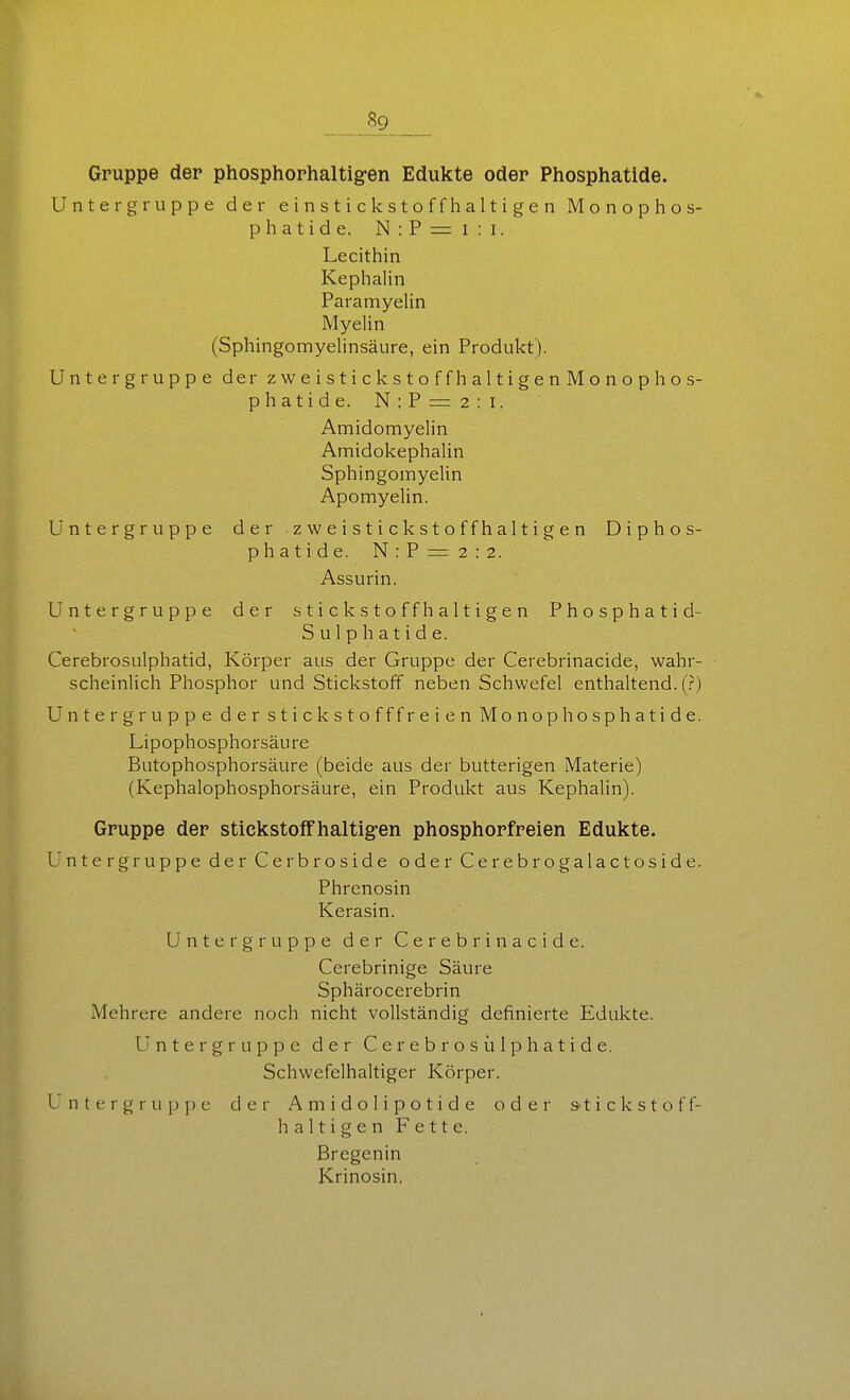 Gruppe der phosphophaltig-en Edukte oder Phosphatide. Untergruppe der einstickstoffhaltigen Mono Phos- phatid e. N:P=:i:i. Lecithin Kephalin Paramyelin Myelin (Sphingomyelinsäure, ein Produkt). Untergruppe der zweistickstoffhaltigenMonophos- phatide. N : P = 2 : i. Amidomyelin Amidokephalin Sphingomyelin Apomyelin. Untergruppe der z w e i s t i c k s t o f f h a 11 i g e n Diphos- phatide. N:P = 2:2. Assurin. Untergruppe der stickstoffhaltigen Phosphatid- S u 1 p h a t i d e. Cerebrosulphatid, Körper aus der Gruppe der Cerebrinacide, wahr- scheinlich Phosphor und Stickstoff neben Schwefel enthaltend. (.'') Untergruppe der stickstofffreien Monophosphatide. Lipophosphorsäure Butophosphorsäure (beide aus der butterigen Materie) (Kephalophosphorsäure, ein Produkt aus Kephalin). Gruppe der stickstofFhaltigen phosphorfreien Edukte. Untergruppe der Cerbroside oder Cerebrogalactoside. Phrenosin Kerasin. Untergruppe der Cerebrinacide. Cerebrinige Säure Sphärocerebrin Mehrere andere noch nicht vollständig definierte Edukte. Untergruppe der Cerebrosülphatide. Schwefelhaltiger Körper. Untergruppe der A m i d o 1 i p o t i d e oder stickstoff- haltigen Fette. Bregenin Krinosin,