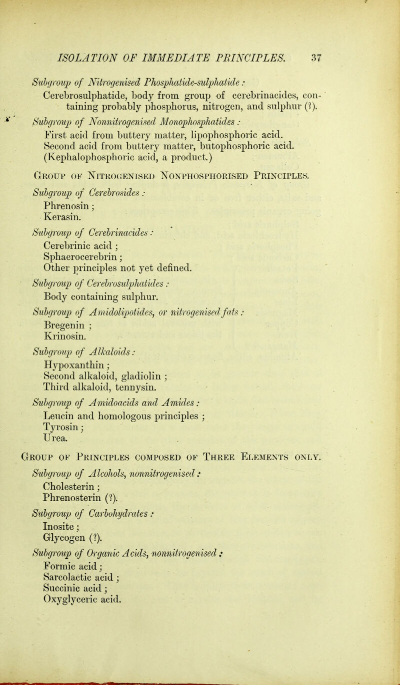 Subgroup of Nitrogenised Phosphatide-sulpliatide : Cerebrosulphatide, body from group of cerebrinacides, con- taining probably phosphorus, nitrogen, and sulphur (?). Subgroup of Nonnitrogenised Monopliosphatides : First acid from buttery matter, lipophosphoric acid. Second acid from buttery matter, butophosphoric acid. (Kephalophosphoric acid, a product.) Group of Nitrogenised Nonphosphorised Principles. Subgroup of Cerebrosides : Phrenosin; Kerasin. Subgroup of Cerebrinacides: Cerebrinic acid ; Sphaerocerebrin; Other principles not yet defined. Subgroup of Cerebrosulphatides : Body containing sulphur. Subgroup of Amidolipotides, or nitrogenised fats : Bregenin ; Krinosin. Subgroup of Alkaloids : Hypoxanthin; Second alkaloid, gladiolin ; Third alkaloid, tennysin. Subgroup of Amidoacids and Amides : Leucin and homologous principles ; Tyrosin; Urea. Group of Principles composed of Three Elements only. Subgroup of Alcohols, nonnitrogenised : Cholesterin; Phrenosterin (?). Subgroup of Carbohydrates : Inosite; Glycogen (?). Subgroup of Organic A cids, nonnitrogenised : Formic acid; Sarcolactic acid ; Succinic acid; Oxyglyceric acid.