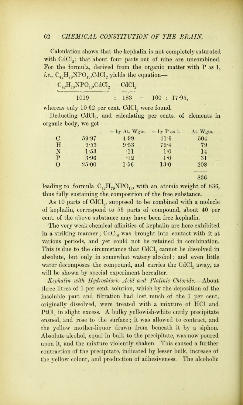 Calculation shows that the kephalin is not completely saturated with CdCl2; that about four parts out of nine are uncombined. For the formula, derived from the organic matter with P as 1, i.e., Qj^^^^V0y^,Q^Q\.2 yields the equation— C42H^c,NPOi3,CdCl2 CdCl, 1019 : 183 - 100 : 17-95, whereas only 10*62 per cent. CdCl^ were found. Deducting CdCU, and calculating per cents, of elements in organic body, we get— -r- by At. Wgts. -^ by P as 1. At. Wgts c 59-97 4-99 41-6 504 H 9-53 9-53 79-4 79 N 1-.53 •11 1-0 14 P 3-96 ■12 1-0 31 0 25-00 1-56 13-0 208 836 leading to formula C^gH^gNPO^g, with an atomic weight of 836, thus fully sustaining the composition of the free substance. As 10 parts of CdCl^, supposed to be combined with a molecle of kephalin, correspond to 59 parts of compound, about 40 j^er cent, of the above substance may have been free kephalin. The very weak chemical affinities of kephalin are here exhibited in a striking manner; CdCl2 was brought into contact with it at various periods, and yet could not be retained in combination. This is due to the circumstance that CdCl2 cannot be dissolved in absolute, but only in somewhat watery alcohol; and even little water decomposes the compound, and carries the CdCU away, as will be shown by special experiment hereafter. Kephalin u'ith Hydrochloric Acid and Flatinic Chloride.—About three litres of 1 per cent, solution, which by the deposition of the insoluble part and filtration had lost much of the 1 per cent, originally dissolved, were treated with a mixture of HCl and PtCl^ in slight excess. A bulky yellowish-white curdy precipitate ensued, and rose to the surface; it was allowed to contract, and the yellow mother-liquor drawn from beneath it by a siphon. Absolute alcohol, equal in bulk to the precipitate, was now 2)0ured ui)on it, and the mixture violently shaken. This caused a further contraction of the precipitate, indicated by lesser bulk, increase of the yellow colour, and production of adhesiveness. The alcoholic