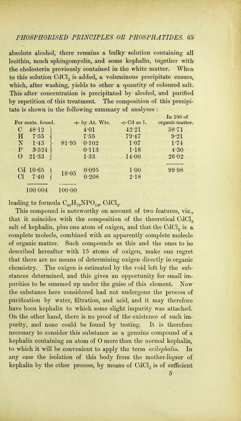 absolute alcohol, there remains a bulky solution containing all lecithin, much sphingomyelin, and some kephalin, together with the cholesterin previously contained in the white matter. When to this solution CdCl2 is added, a voluminous precipitate ensues, which, after washing, yields to ether a quantity of coloured salt. This after concentration is precipitated by alcohol, and purified by repetition of this treatment. The composition of this precipi- tate is shown in the following summary of analyses : In 100 of Per cents, found. -r- by At. Wts. -^Cd as 1. organic matter. C 48-12 ] 4-01 42-21 58'71 H 7-55 \ 7-55 79-47 9-21 N 1-43 \ 81-95 0-102 1-07 1-74 P 3-524 I 0-113 1-18 4-30 O 21-33 J 1-33 14-00 26-02 Cd 10-65 \ 0-095 1-00 99-98 CI 7-40 / ^ 0-208 2-18 100004 100-00 leading to formula C^gH^gNPOj^, CdCl2. This compound is noteworthy on account of two features, viz., that it coincides with the composition of the theoretical CdCl^ salt of kephalin, plus one atom of oxigen, and that the CdCl^ is a complete molecle, combined with an ap^^arently complete molecle of organic matter. Such compounds as this and the ones to be described hereafter with 15 atoms of oxigen, make one regret that there are no means of determining oxigen directly in organic chemistry. The oxigen is estimated by the void left by the sub- stances determined, and this gives an opportunity for small im- purities to be summed up under the guise of this element. Now the substance here considered had not undergone the process of purification by water, filtration, and acid, and it may therefore have been kephalin to which some slight impurity was attached. On the other hand, there is no proof of the existence of such im- purity, and none could be found by testing. It is therefore necessary to consider this substance as a genuine compound of a kephalin containing an atom of 0 more than the normal kephalin, to which it will be convenient to apply the term oxikephalin. In any case the isolation of this body from the mother-liquor of kephalin by the ether process, by means of CdClg is of sufficient 5