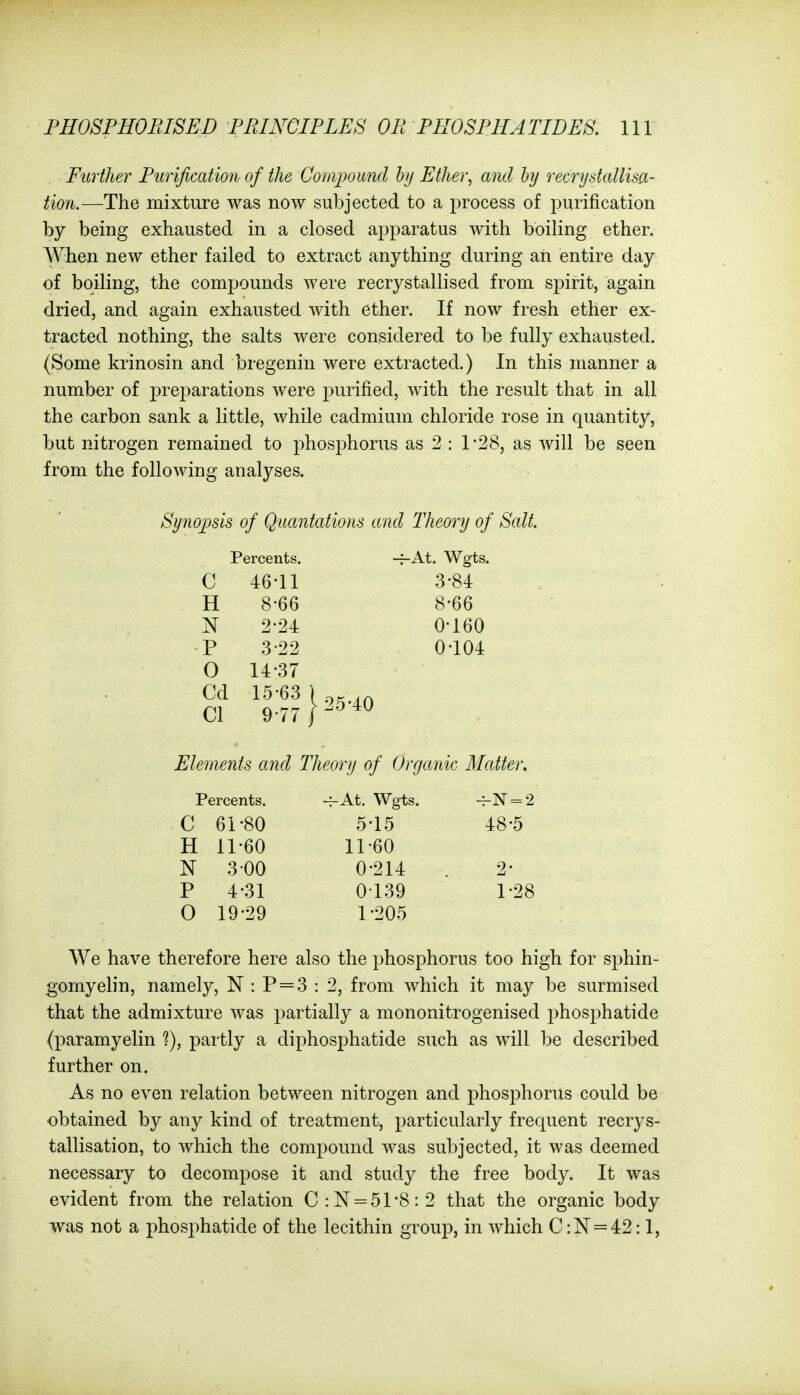 Further Purification of the Conipound bj Ether, and by recrydallisa- tion.—The mixture was now subjected to a process of purification by being exhausted in a closed apparatus with boiling ether. AVhen new ether failed to extract anything during ah entire day of boiling, the compounds were recrystallised from spirit, again dried, and again exhausted with ether. If now fresh ether ex- tracted nothing, the salts were considered to be fully exhausted. (Some krinosin and bregenin were extracted.) In this manner a number of prej)arations were purified, with the result that in all the carbon sank a little, while cadmium chloride rose in quantity, but nitrogen remained to phosphorus as 2 : 1*28, as will be seen from the following analyses. Synojms of Quantations and Theory of Salt. Percents. -j-At. Wgts. C 46-11 3-84 H 8-66 8-66 N 2-24 0-160 P 3-22 0-104 0 14-37 Elements and Theory of Organic Matter. Percents. -^At. Wgts. -^N = 2 C 61-80 5-15 48-5 H 11-60 11-60 N 3-00 0-214 . 2- P 4-31 0139 1-28 0 19-29 1-205 We have therefore here also the phosphorus too high for sphin- gomyelin, namely, N : P = 3 : 2, from which it may be surmised that the admixture was partially a mononitrogenised phosphatide (paramyelin ?), partly a diphosphatide such as will be described further on. As no even relation between nitrogen and phosphorus could be obtained by any kind of treatment, particularly frequent recrys- tallisation, to which the compound was subjected, it was deemed necessary to decompose it and study the free body. It was evident from the relation C:N = 51-8:2 that the organic body was not a phosphatide of the lecithin group, in which C :N = 42:1,